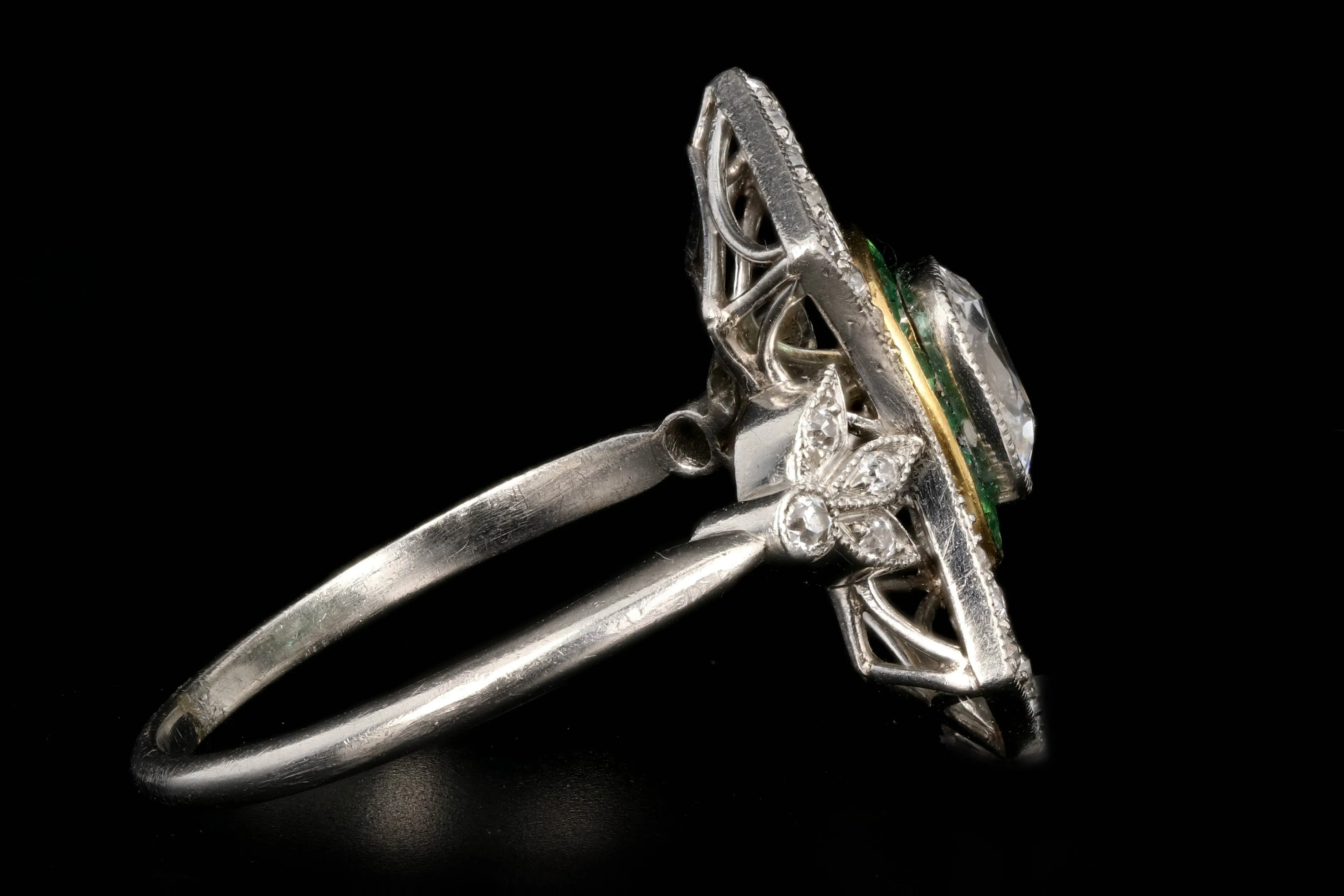 Art Deco Platinum 1.28 Carat Old Mine Cut Emerald & Diamond Ring