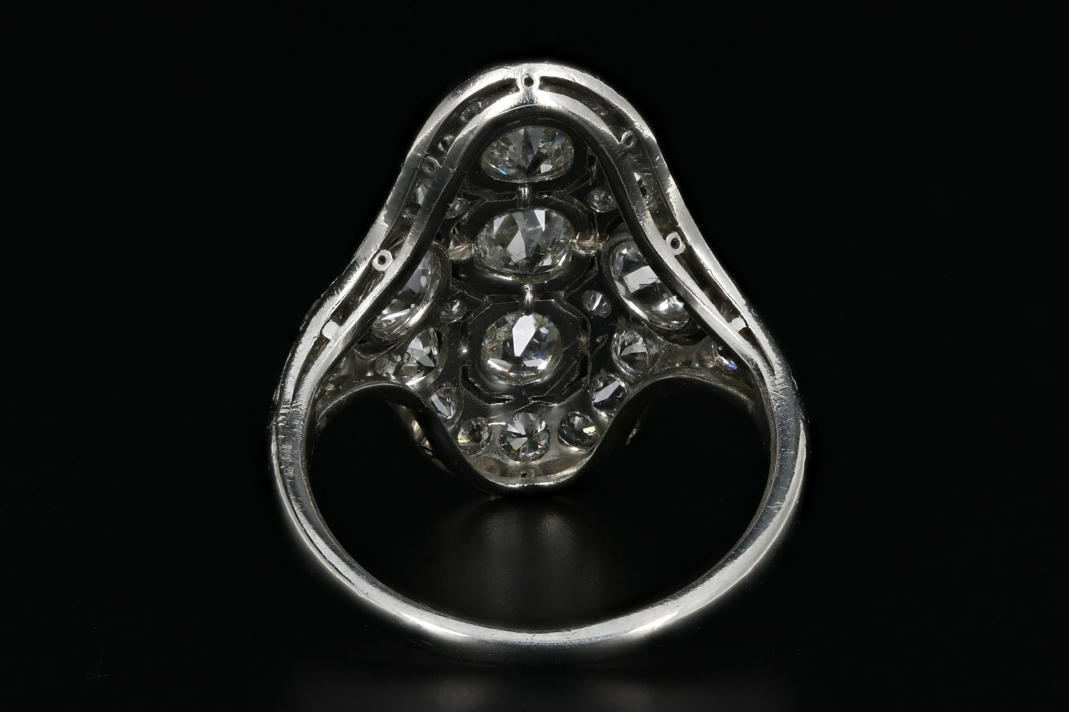 Art Deco Platinum 1.6 Carat Old European Cut Diamond Weight Total Shield Ring