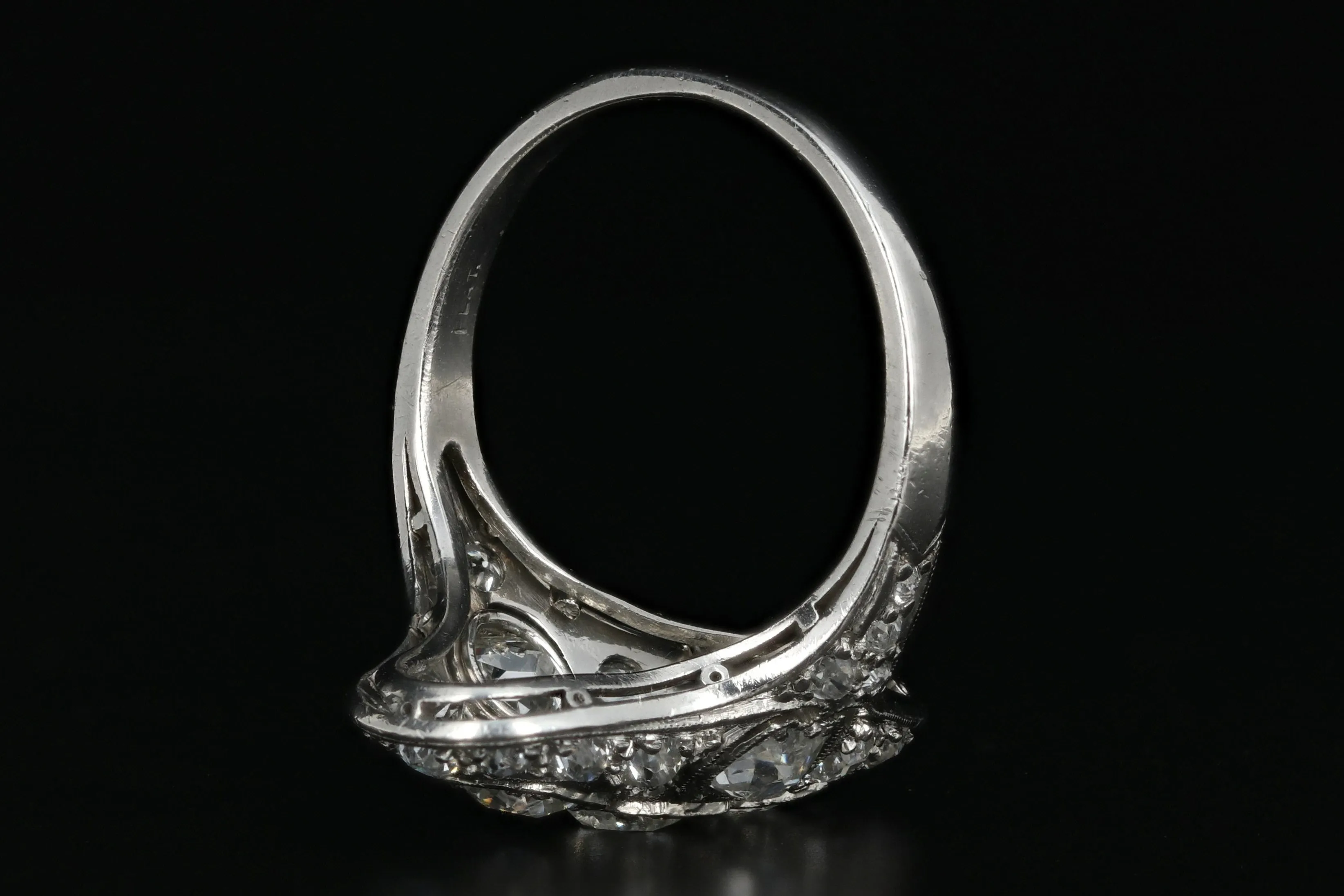 Art Deco Platinum 1.6 Carat Old European Cut Diamond Weight Total Shield Ring