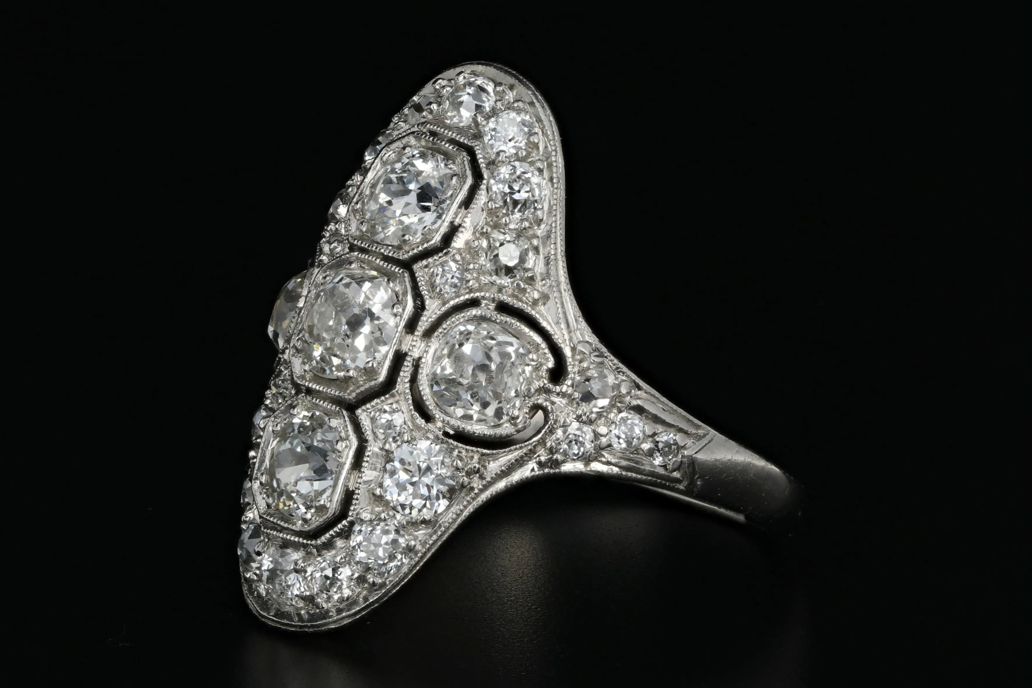 Art Deco Platinum 1.6 Carat Old European Cut Diamond Weight Total Shield Ring