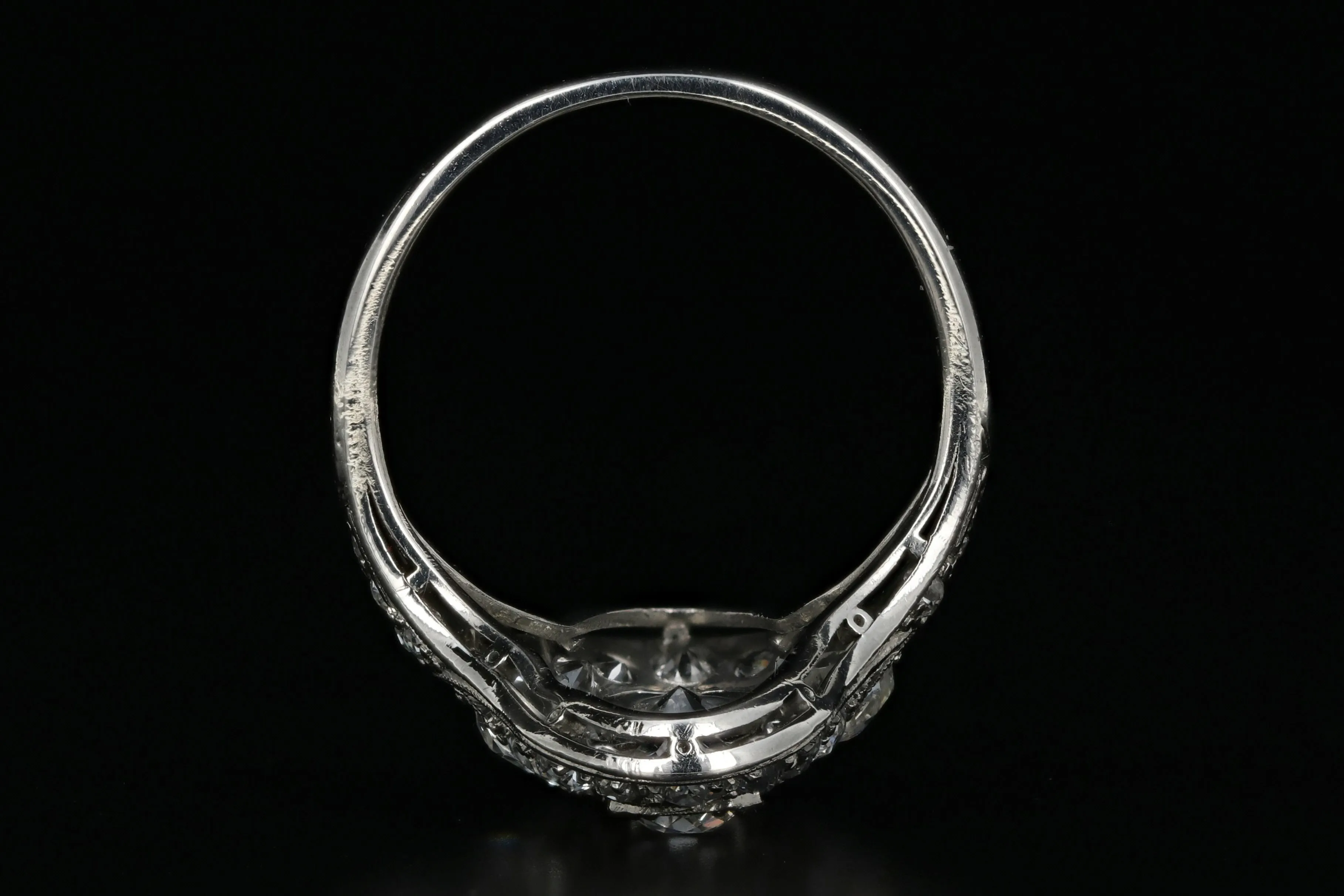 Art Deco Platinum 1.6 Carat Old European Cut Diamond Weight Total Shield Ring
