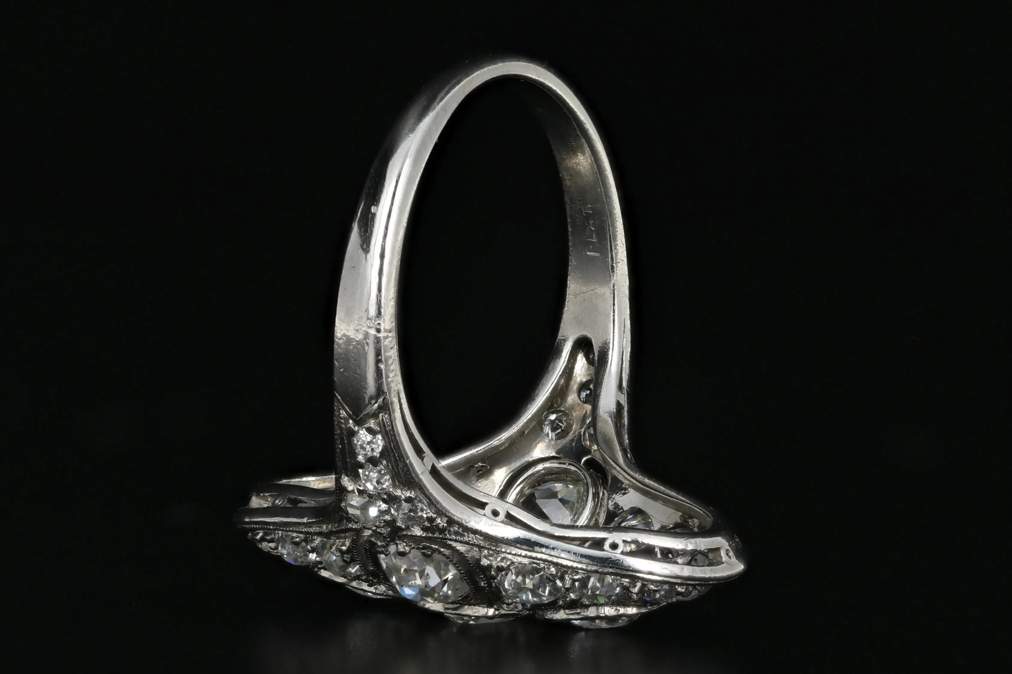 Art Deco Platinum 1.6 Carat Old European Cut Diamond Weight Total Shield Ring