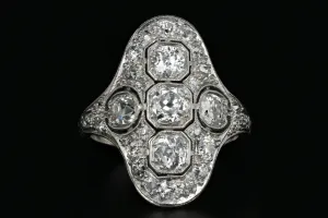 Art Deco Platinum 1.6 Carat Old European Cut Diamond Weight Total Shield Ring
