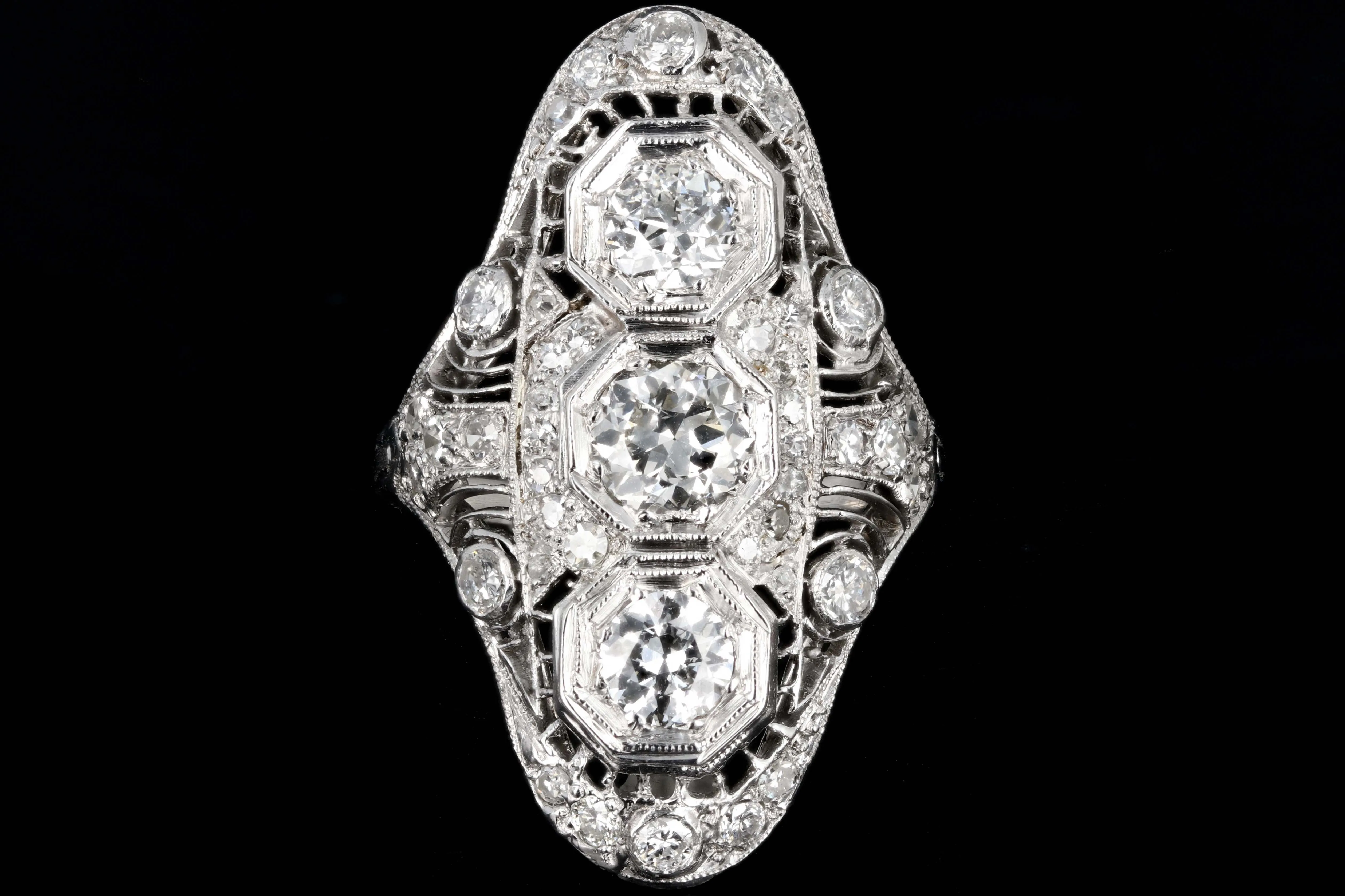 Art Deco Platinum 2 Carats in Total Diamond Shield Ring