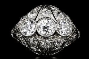 Art Deco Platinum 2.53 Carat Total Weight Three Stone Diamond Ring