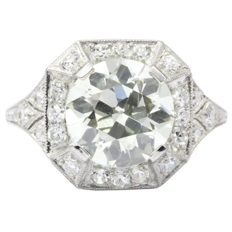 Art Deco Platinum 2.86 Carat Old European Diamond Engagement Ring