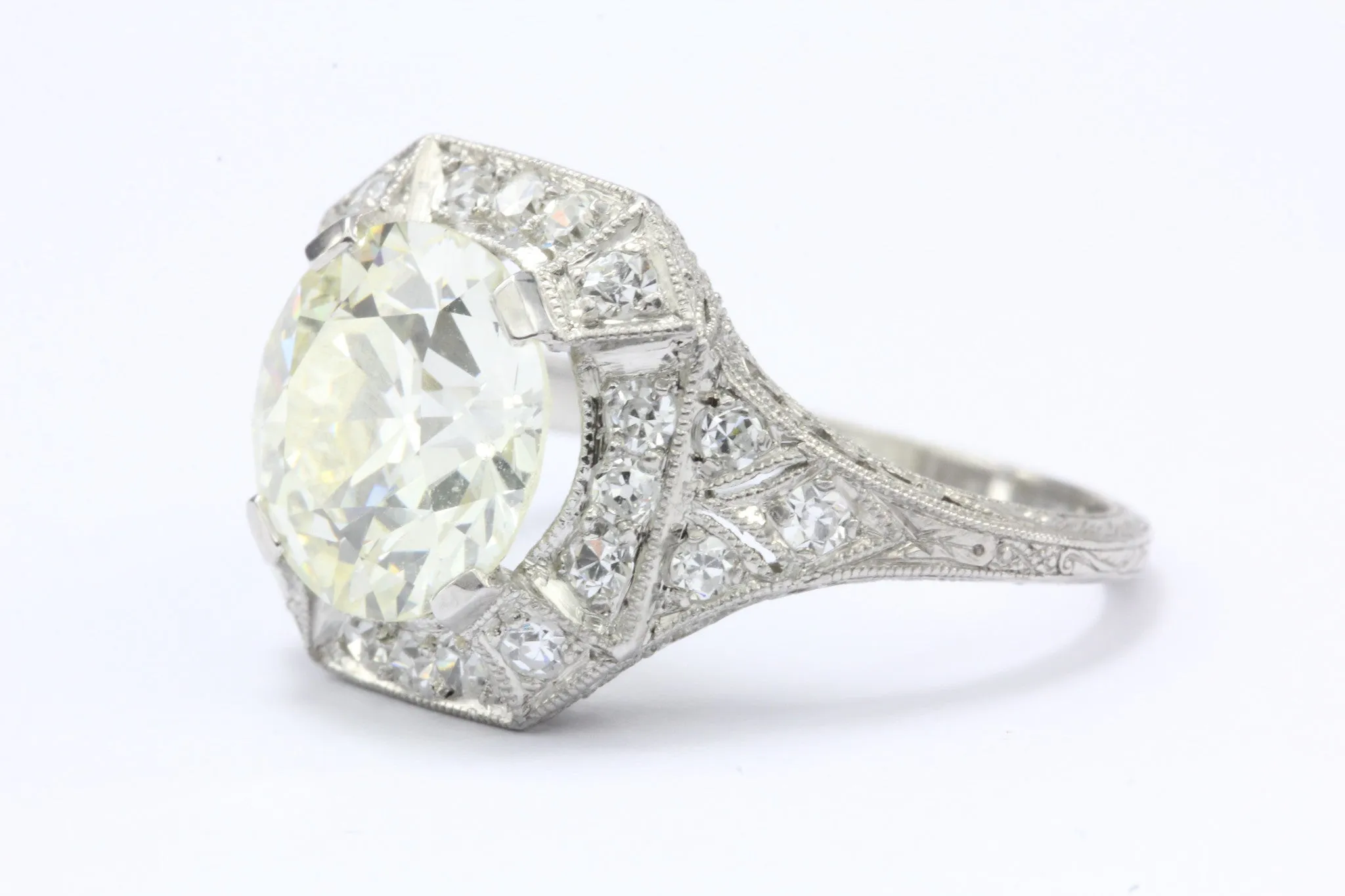 Art Deco Platinum 2.86 Carat Old European Diamond Engagement Ring