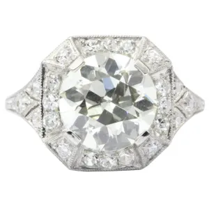 Art Deco Platinum 2.86 Carat Old European Diamond Engagement Ring