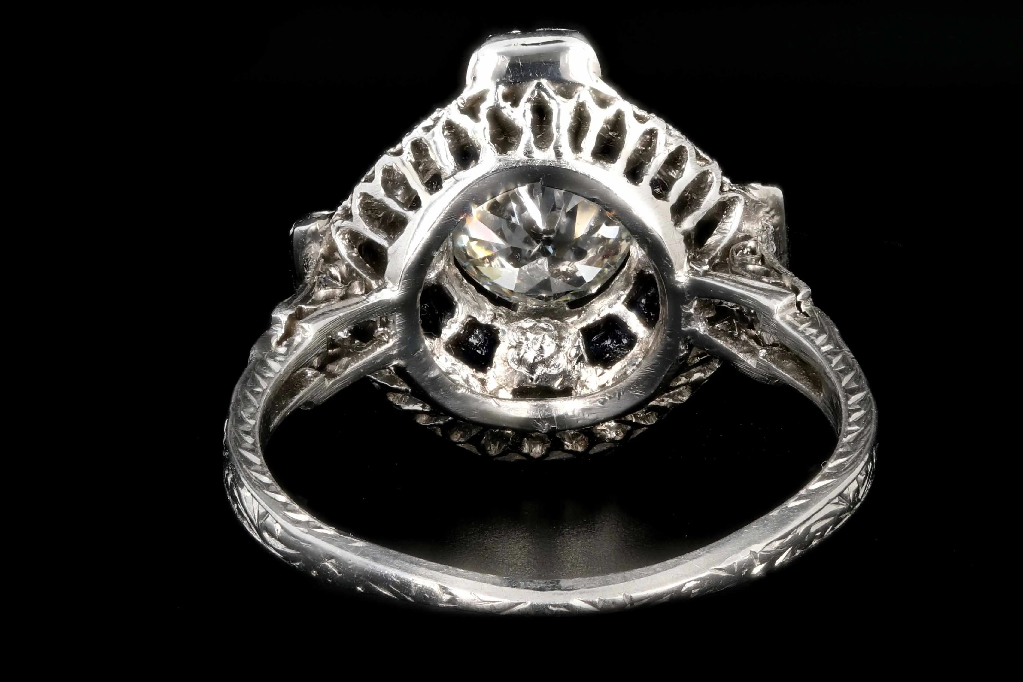 Art Deco Platinum .76 CTR Old European Cut Diamond and Sapphire Engagement Ring