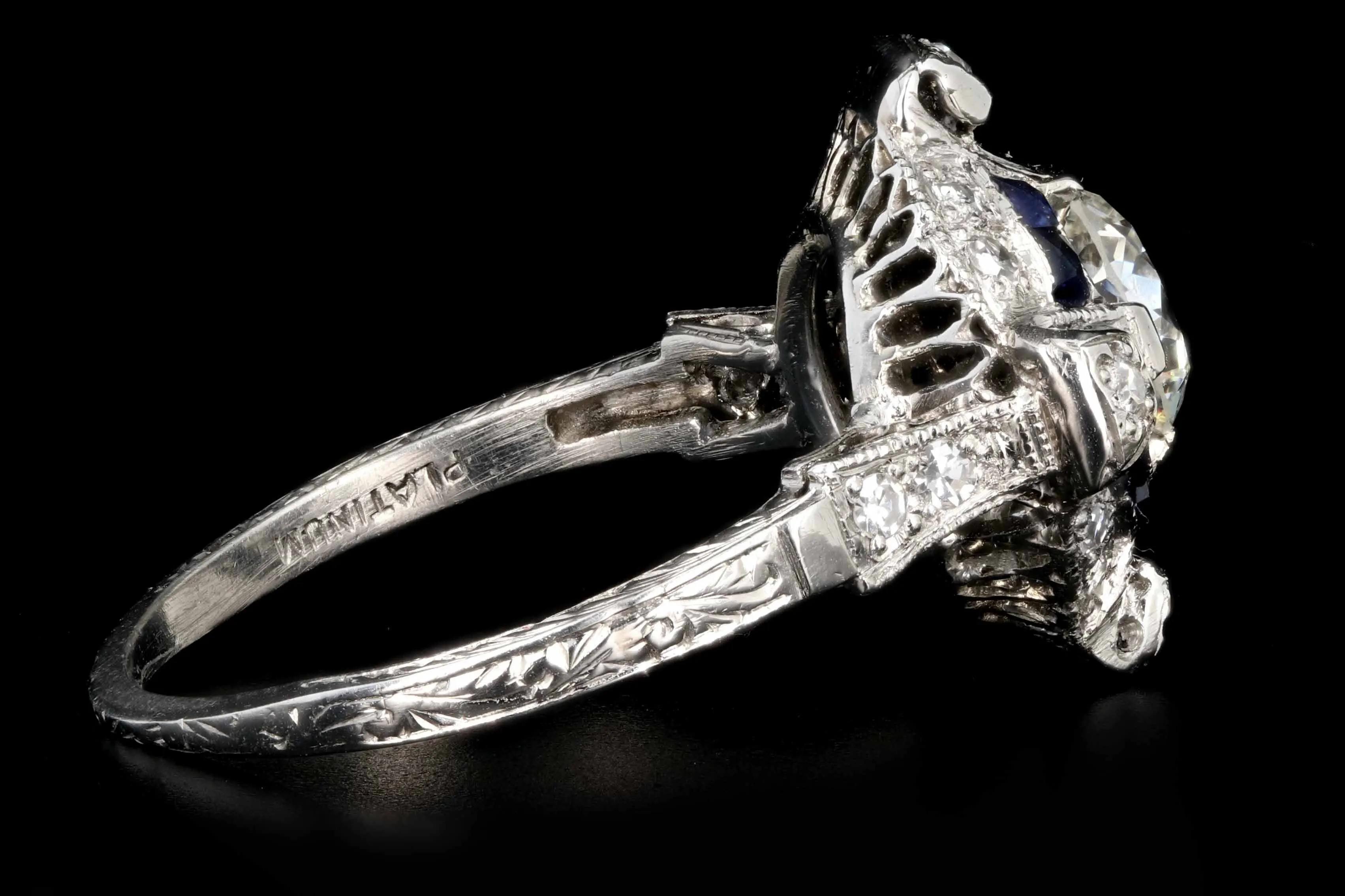 Art Deco Platinum .76 CTR Old European Cut Diamond and Sapphire Engagement Ring