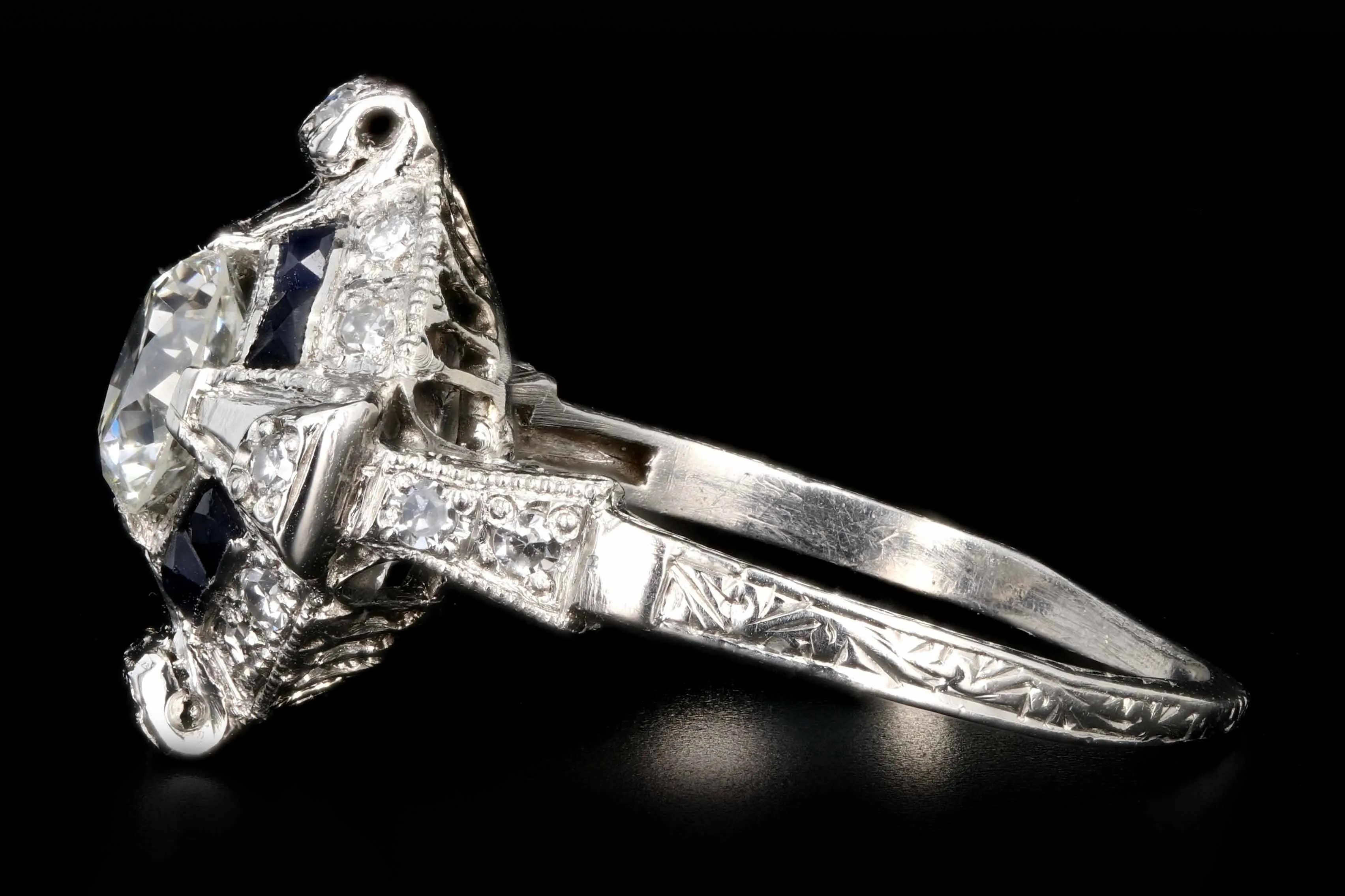 Art Deco Platinum .76 CTR Old European Cut Diamond and Sapphire Engagement Ring
