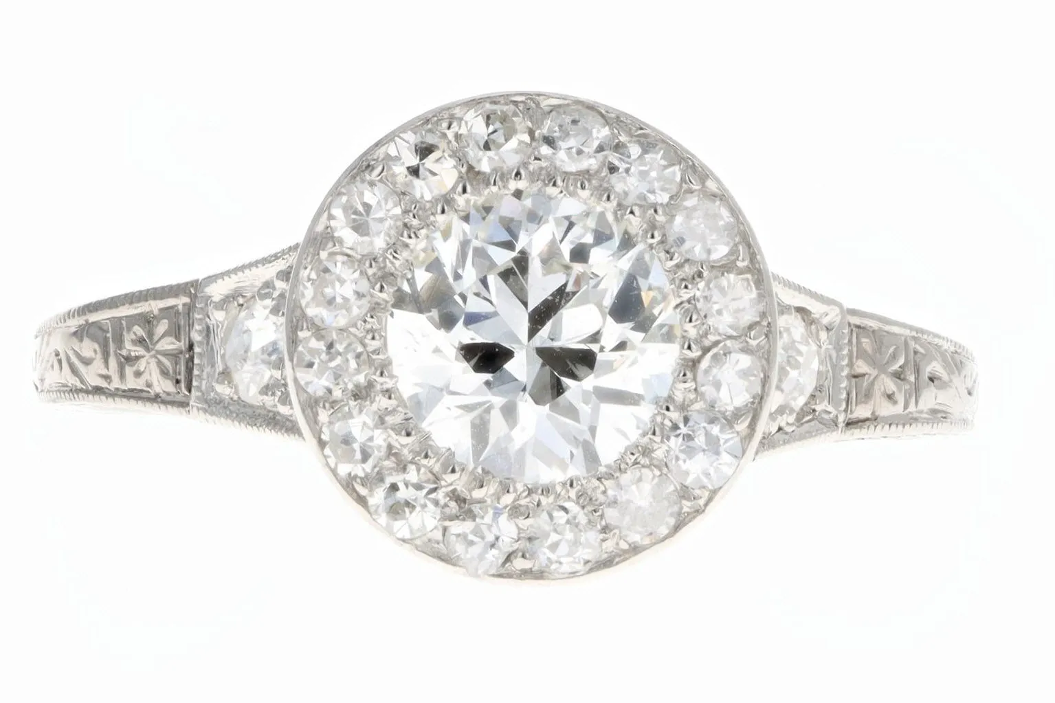 Art Deco Platinum & 18K White Gold .90 Carat Old European Diamond Halo Engagement Ring