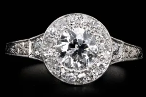 Art Deco Platinum & 18K White Gold .90 Carat Old European Diamond Halo Engagement Ring