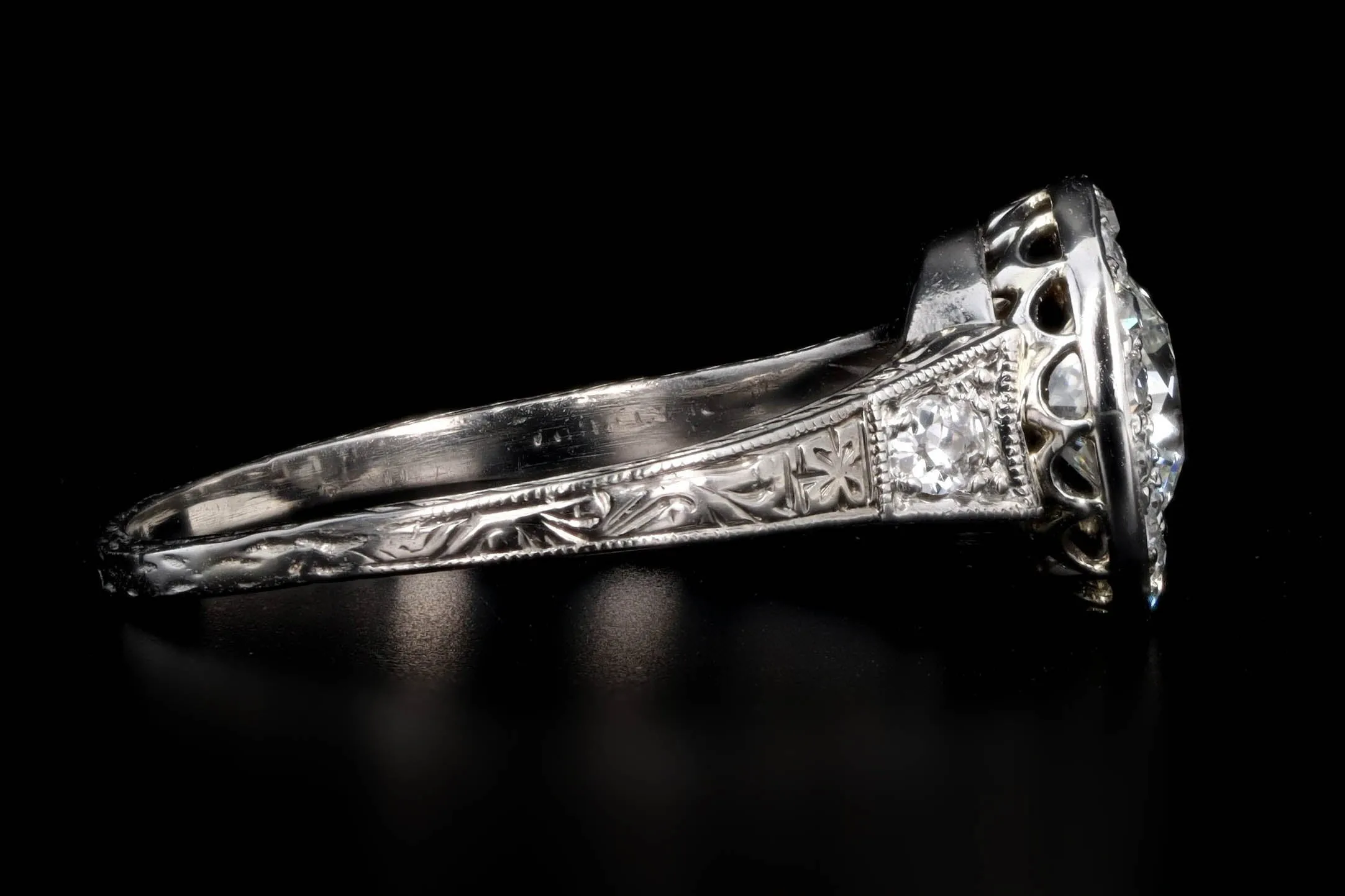 Art Deco Platinum & 18K White Gold .90 Carat Old European Diamond Halo Engagement Ring