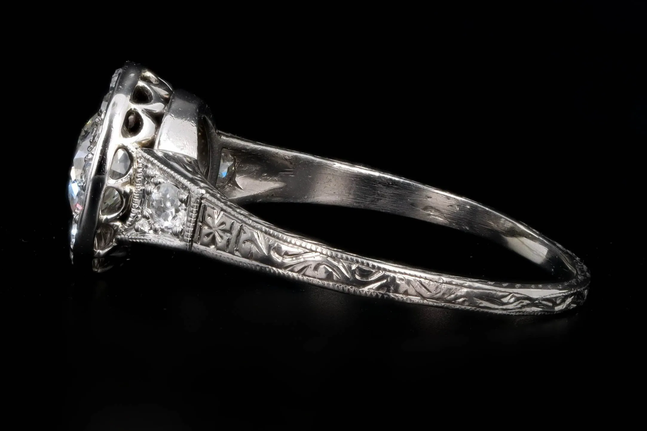 Art Deco Platinum & 18K White Gold .90 Carat Old European Diamond Halo Engagement Ring