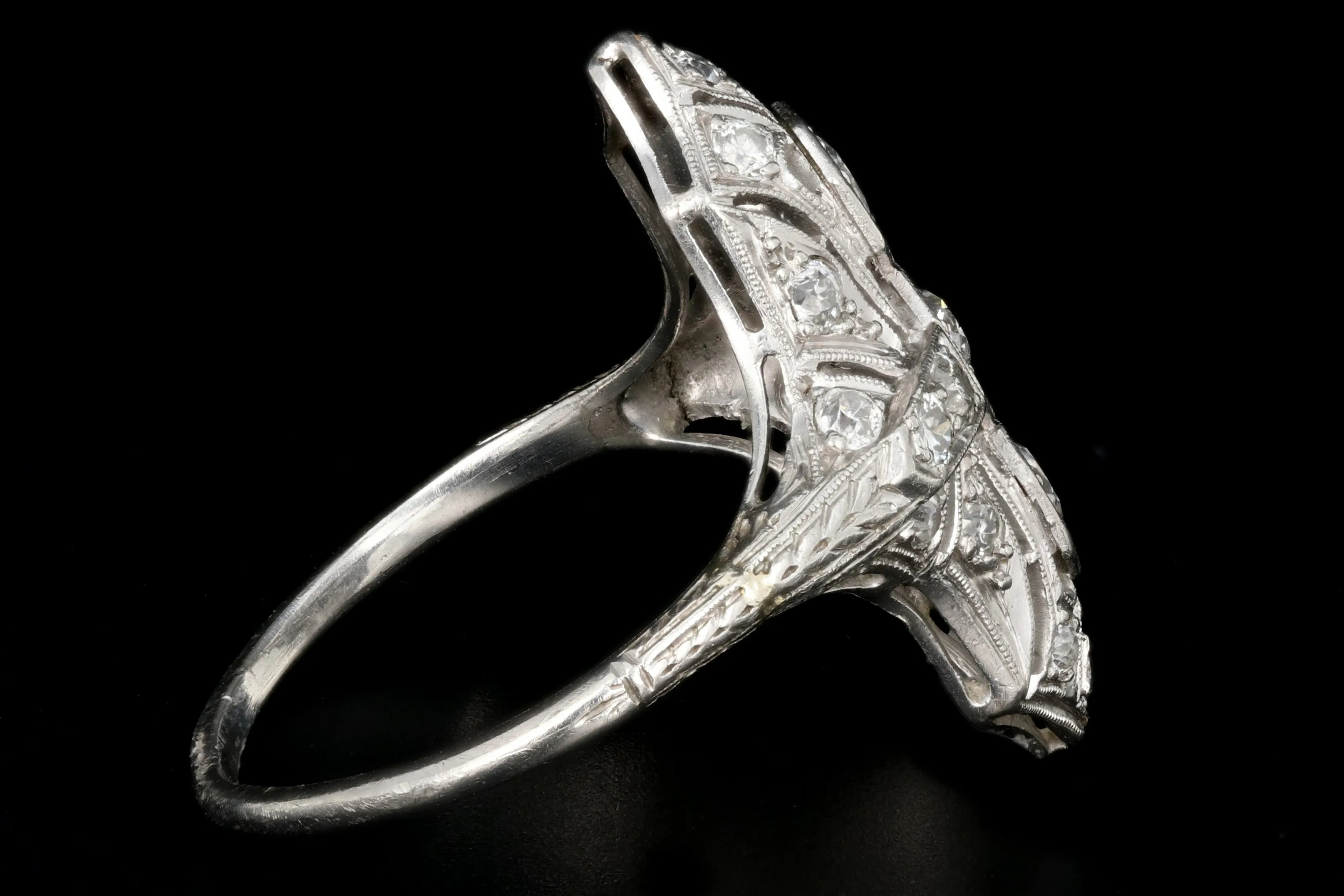 Art Deco Platinum Diamond Three Stone Shield Ring