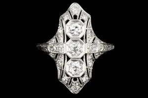 Art Deco Platinum Diamond Three Stone Shield Ring
