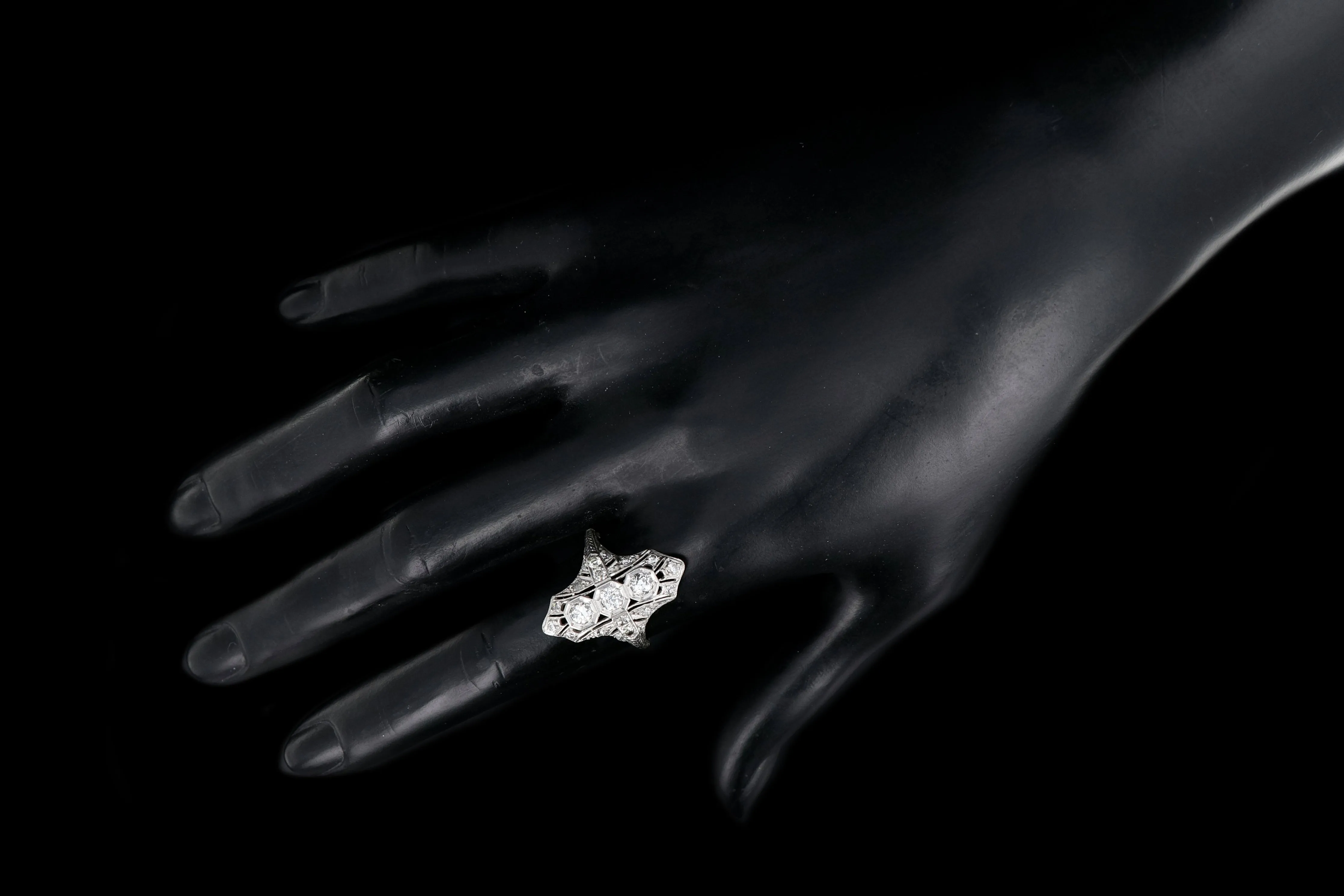 Art Deco Platinum Diamond Three Stone Shield Ring