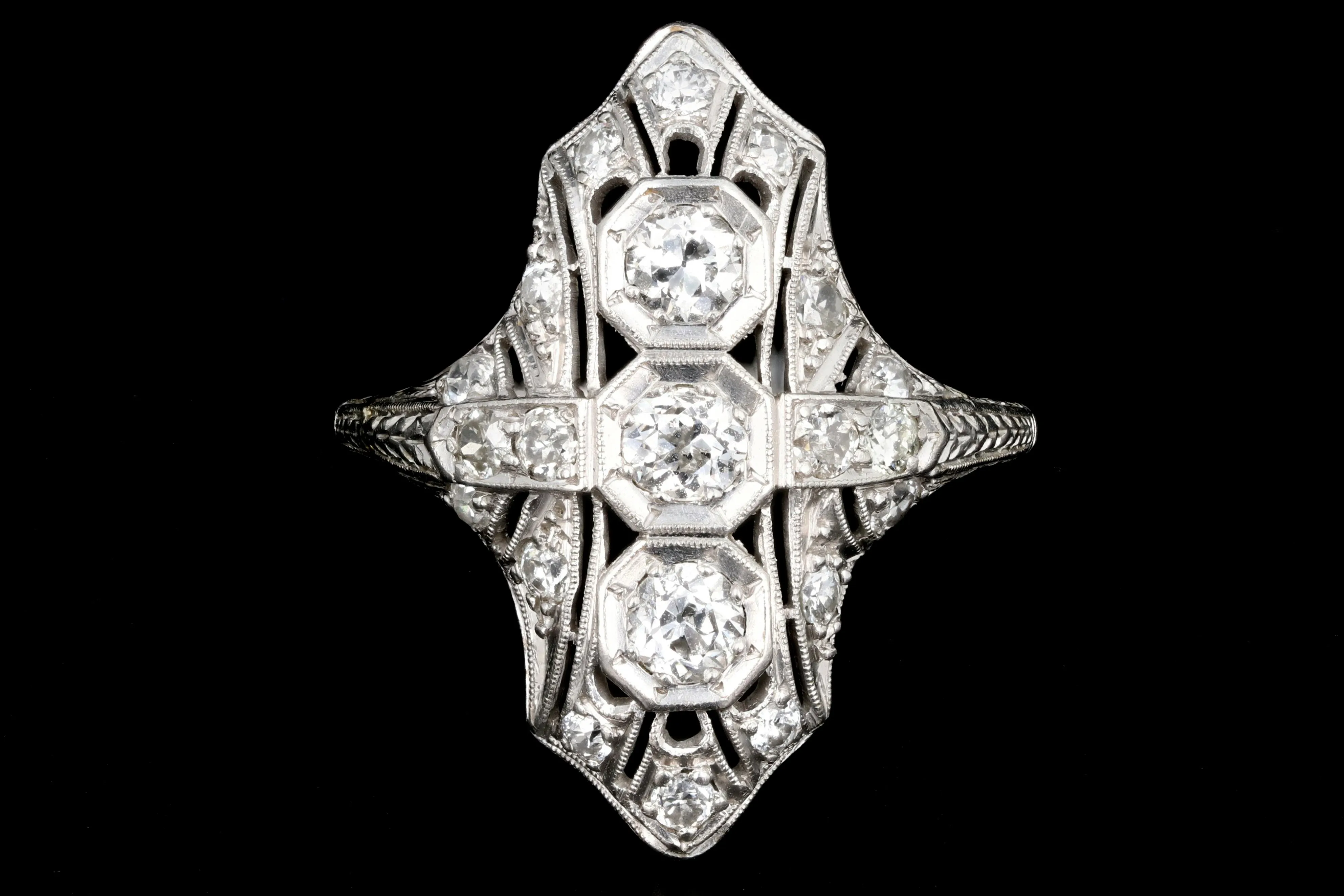 Art Deco Platinum Diamond Three Stone Shield Ring