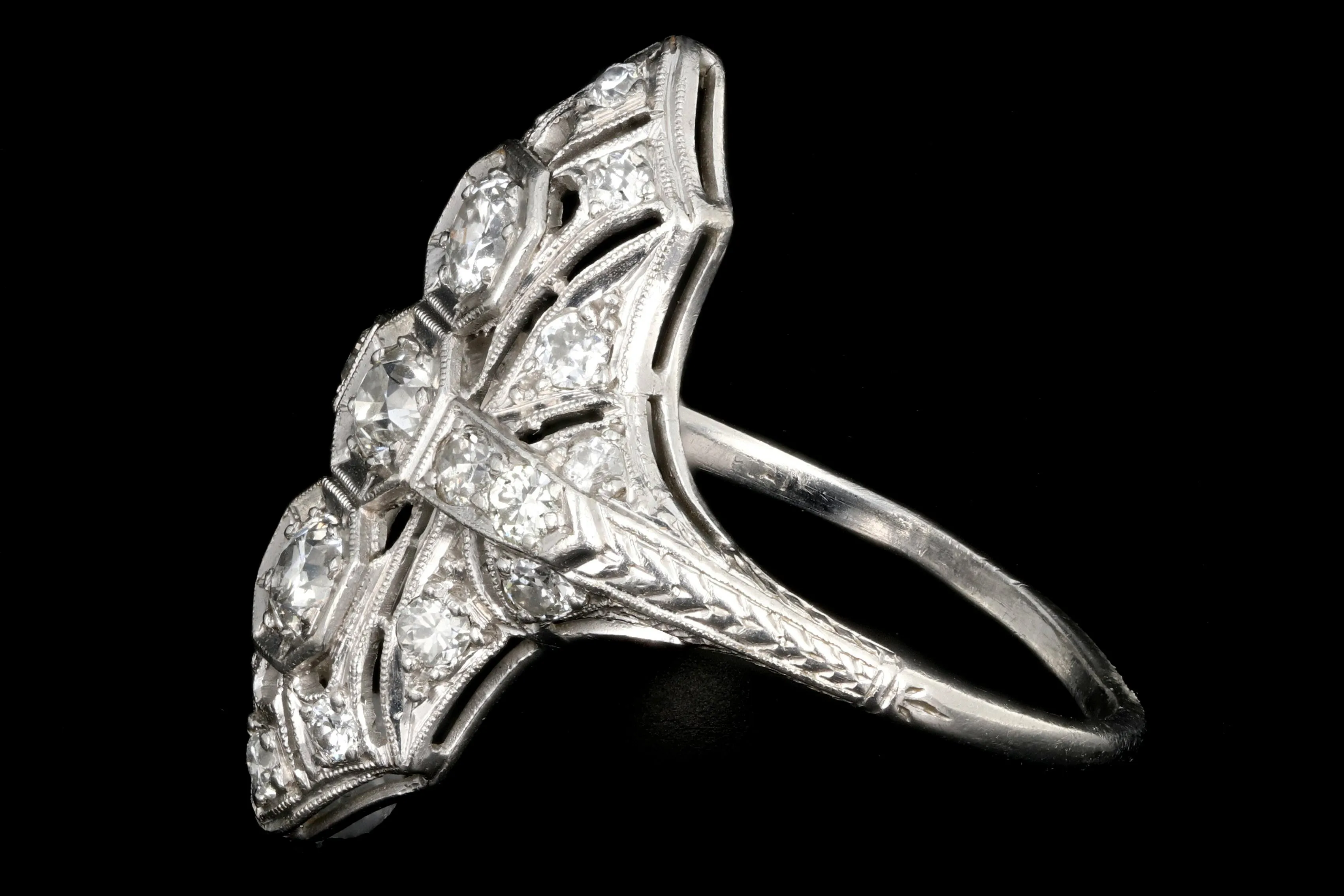 Art Deco Platinum Diamond Three Stone Shield Ring
