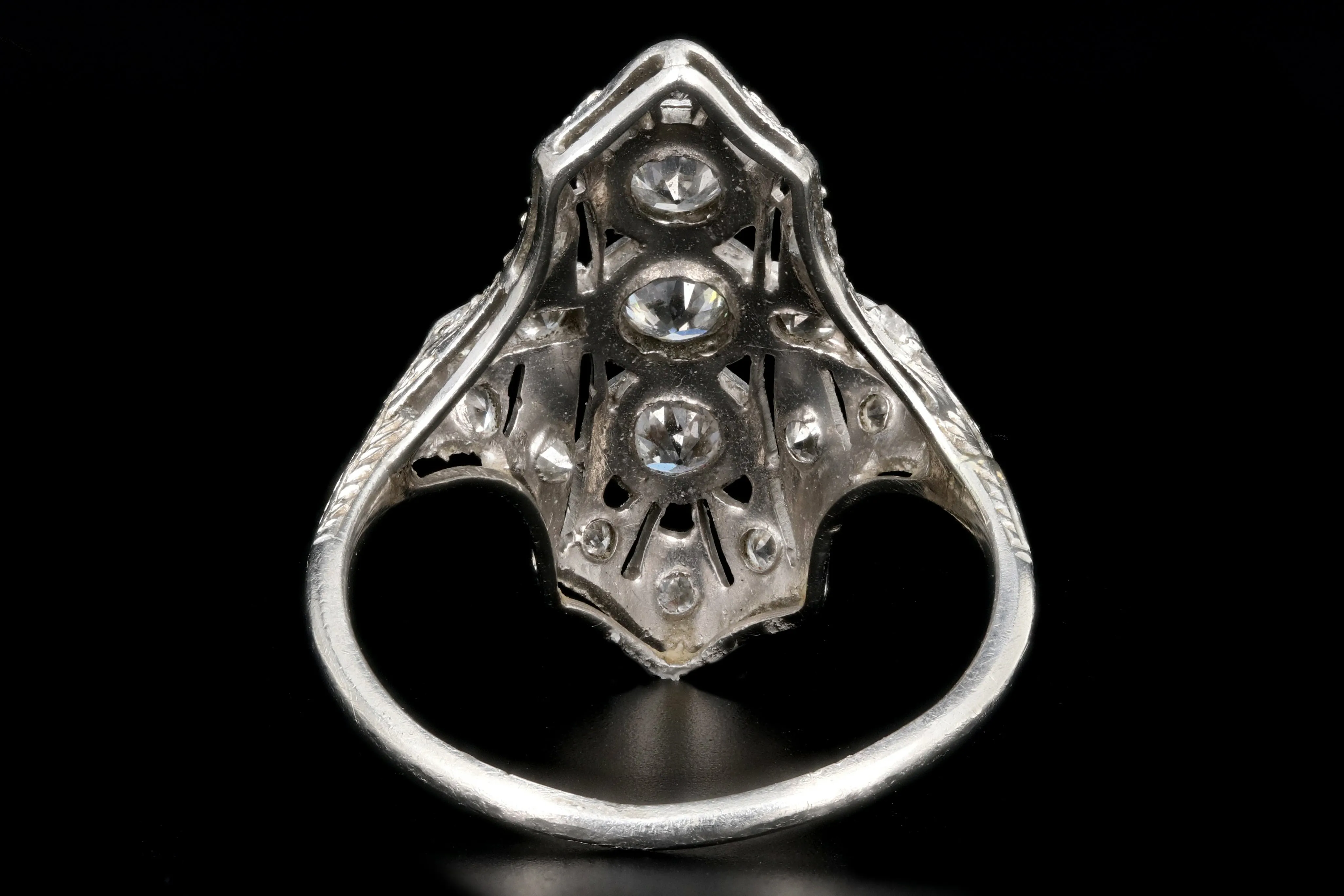 Art Deco Platinum Diamond Three Stone Shield Ring