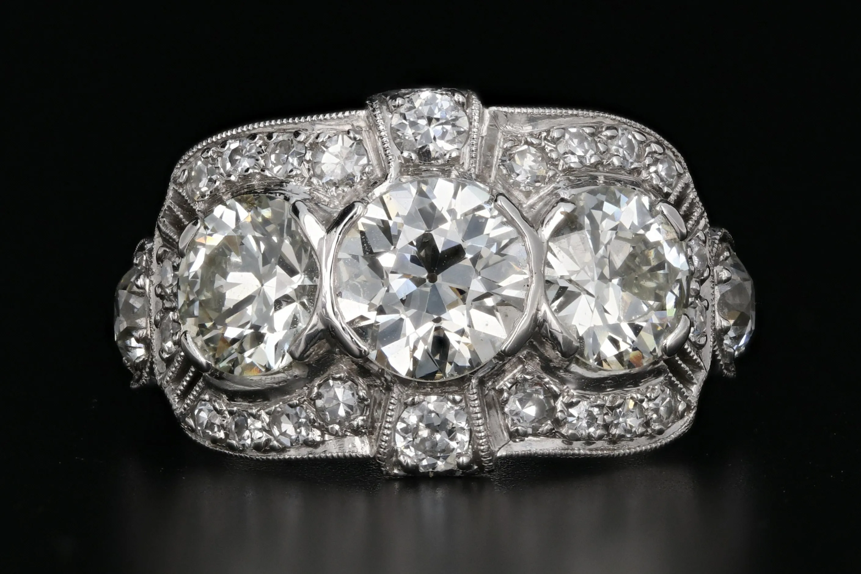 Art Deco Platinum Old European Cut 3 Stone Diamond Engagement Ring c.1920's