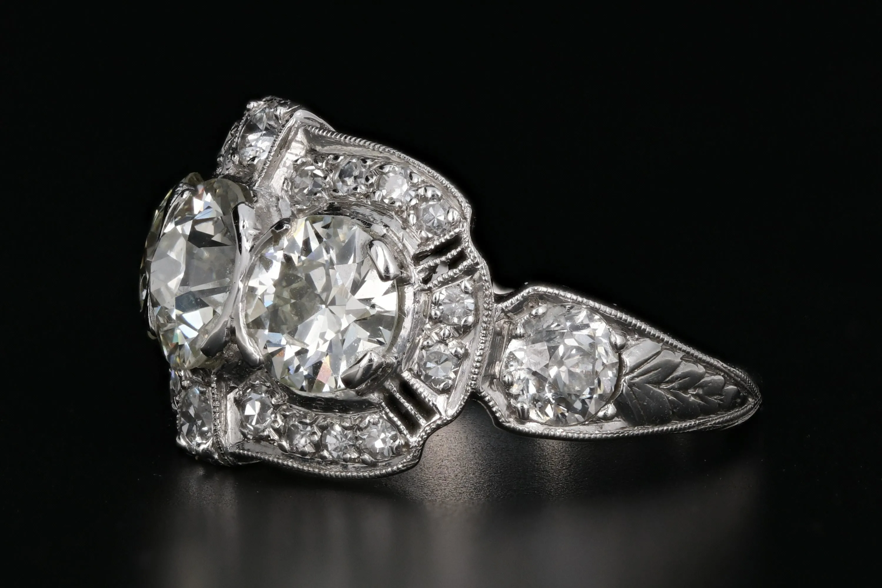 Art Deco Platinum Old European Cut 3 Stone Diamond Engagement Ring c.1920's