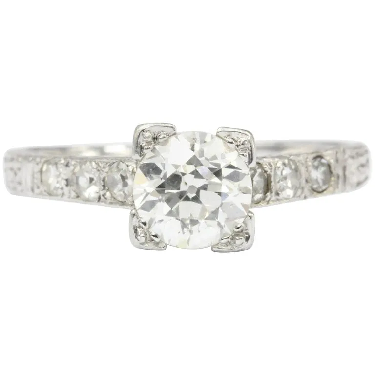 Art Deco Platinum Old European Cut .85 CT Diamond Engagement Ring Size 6.75