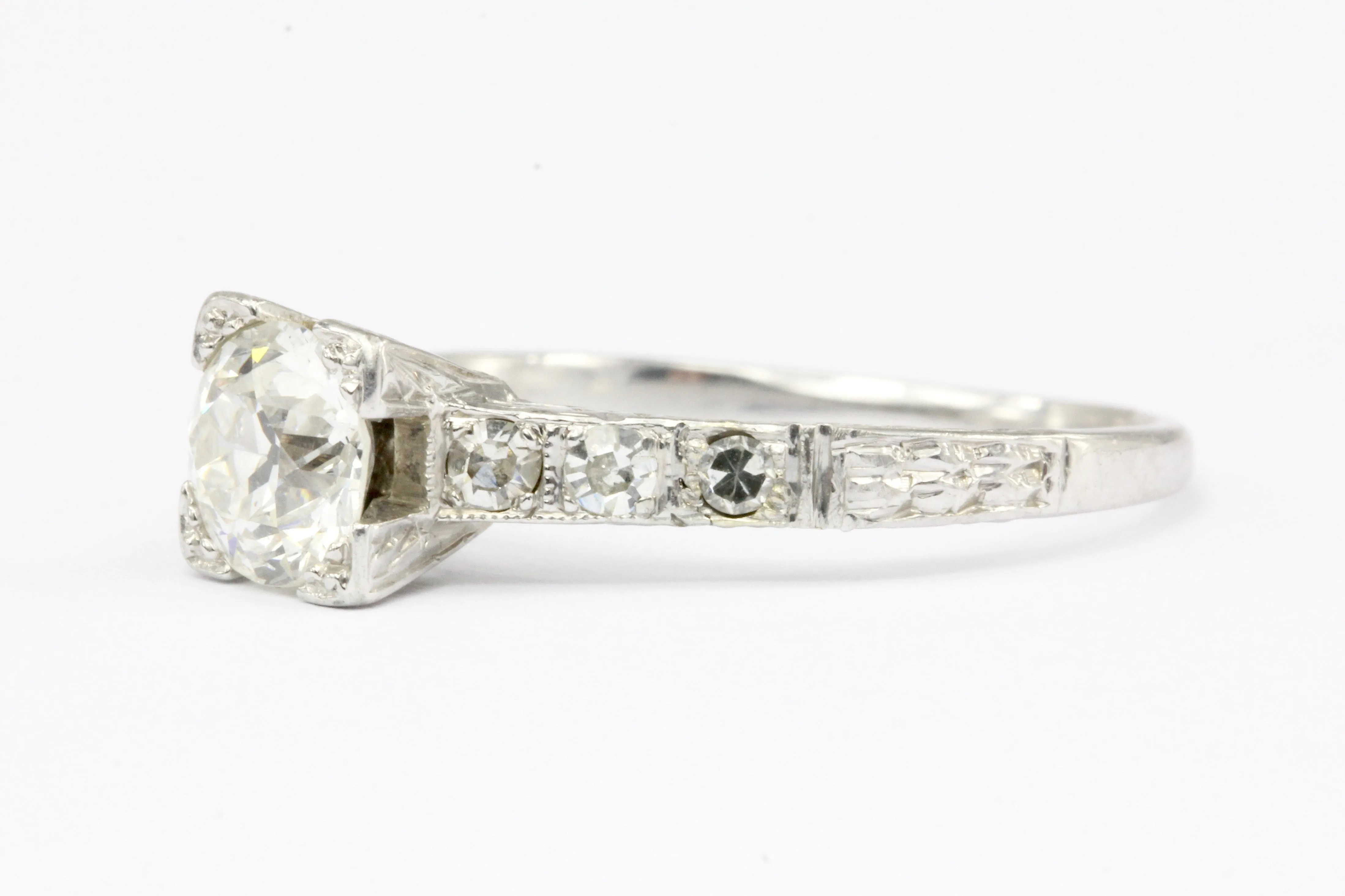 Art Deco Platinum Old European Cut .85 CT Diamond Engagement Ring Size 6.75