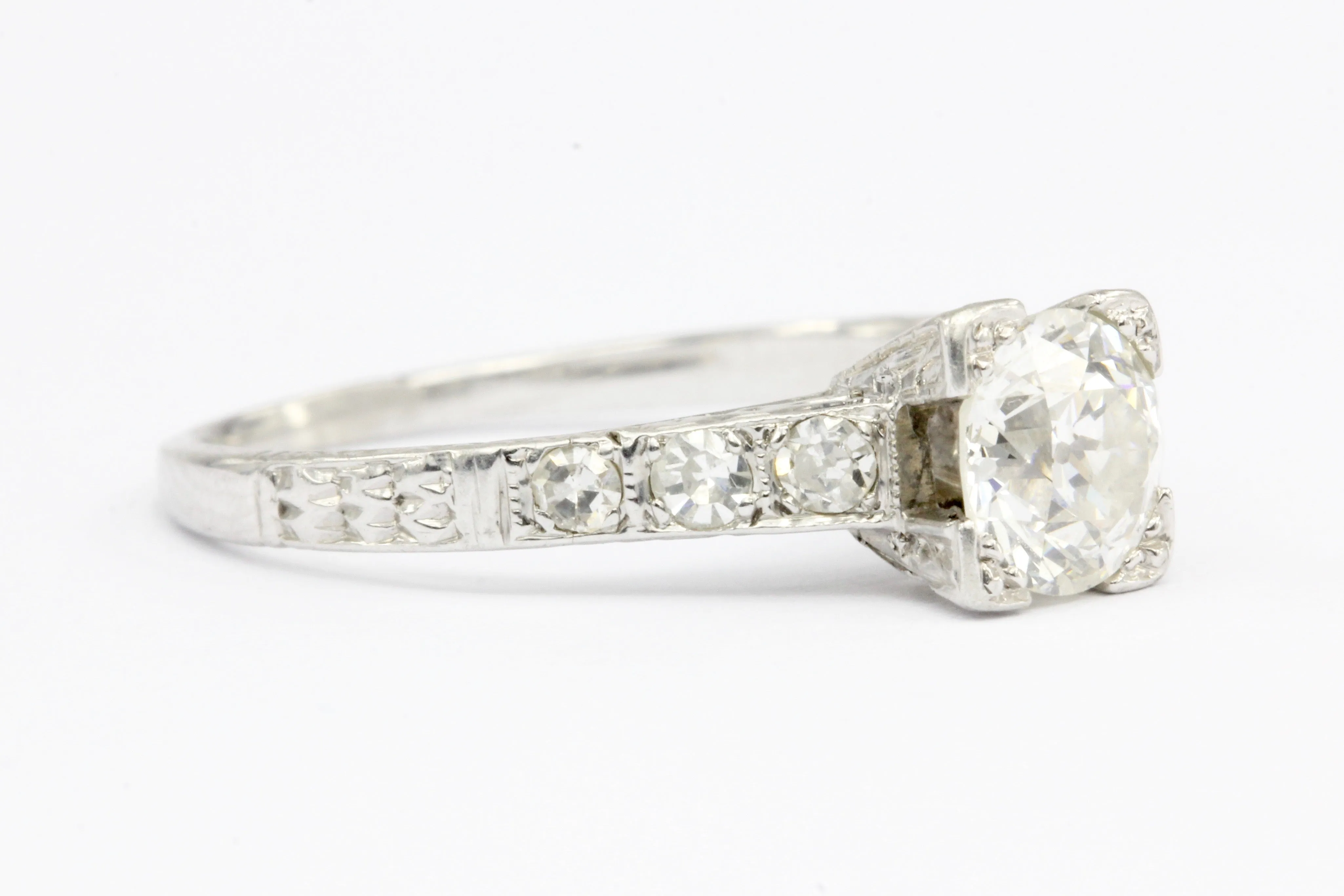 Art Deco Platinum Old European Cut .85 CT Diamond Engagement Ring Size 6.75