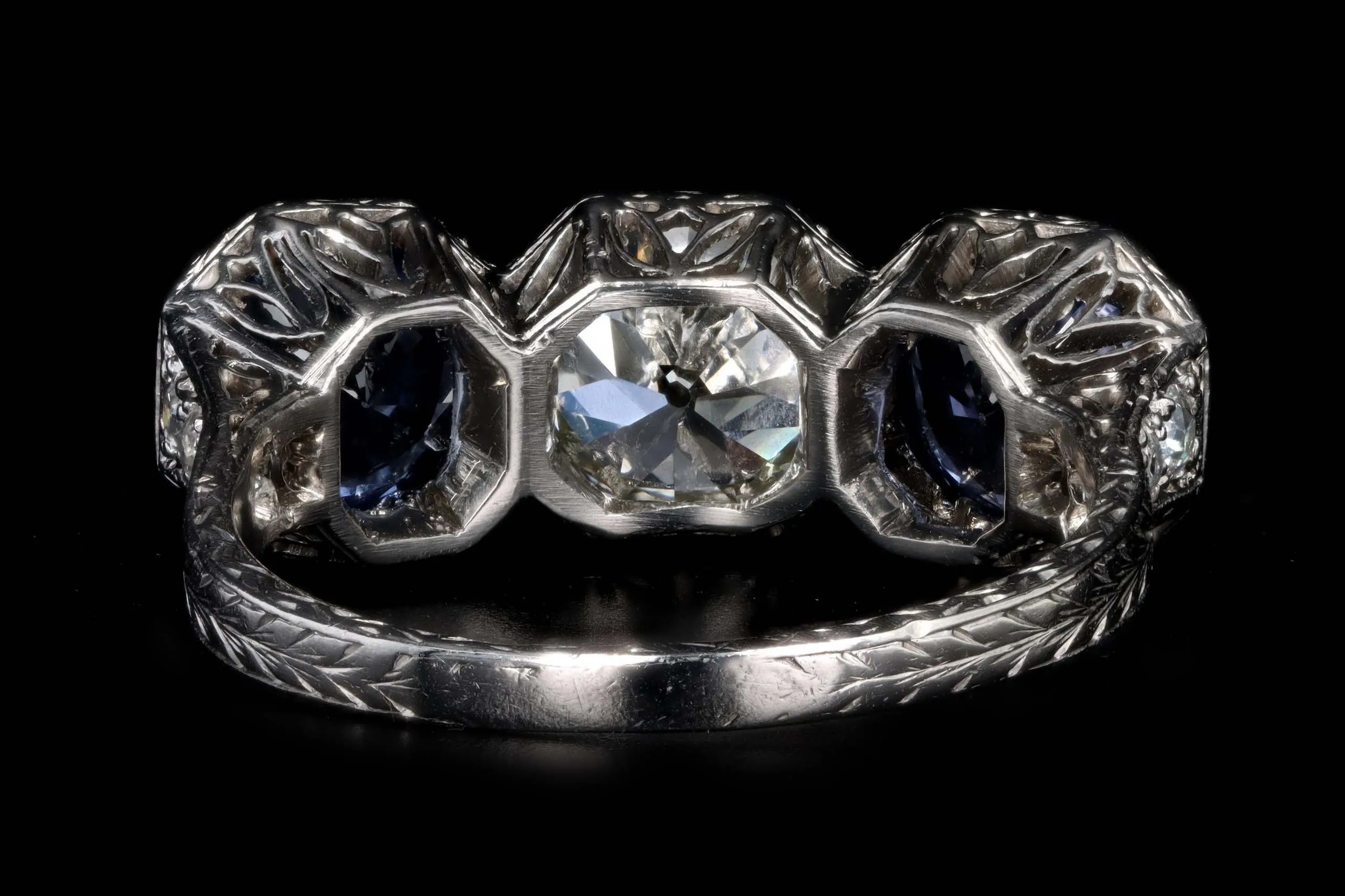 Art Deco Platinum Old European Cut Diamond & Sapphire Three Stone Ring GIA Certified
