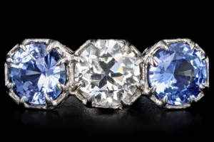 Art Deco Platinum Old European Cut Diamond & Sapphire Three Stone Ring GIA Certified