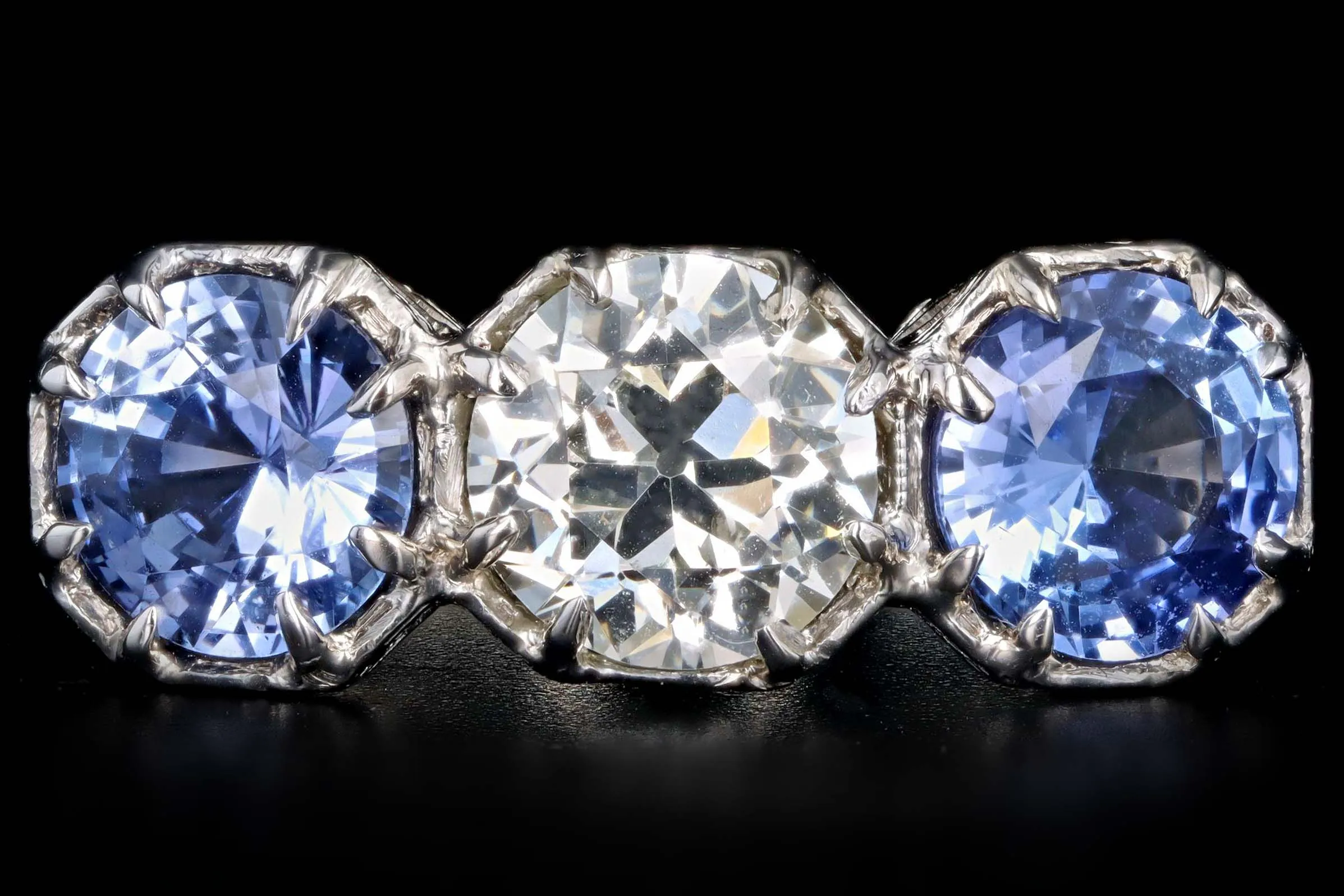 Art Deco Platinum Old European Cut Diamond & Sapphire Three Stone Ring GIA Certified