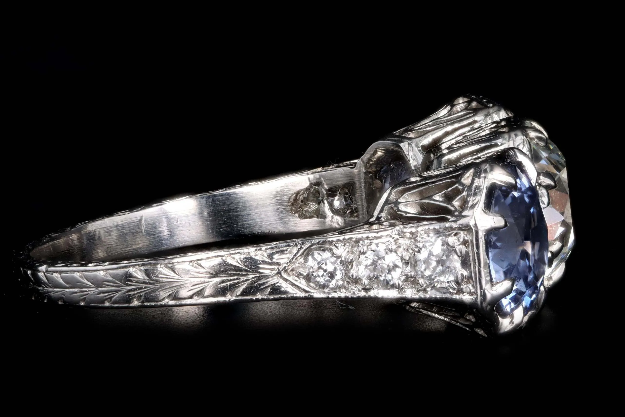 Art Deco Platinum Old European Cut Diamond & Sapphire Three Stone Ring GIA Certified