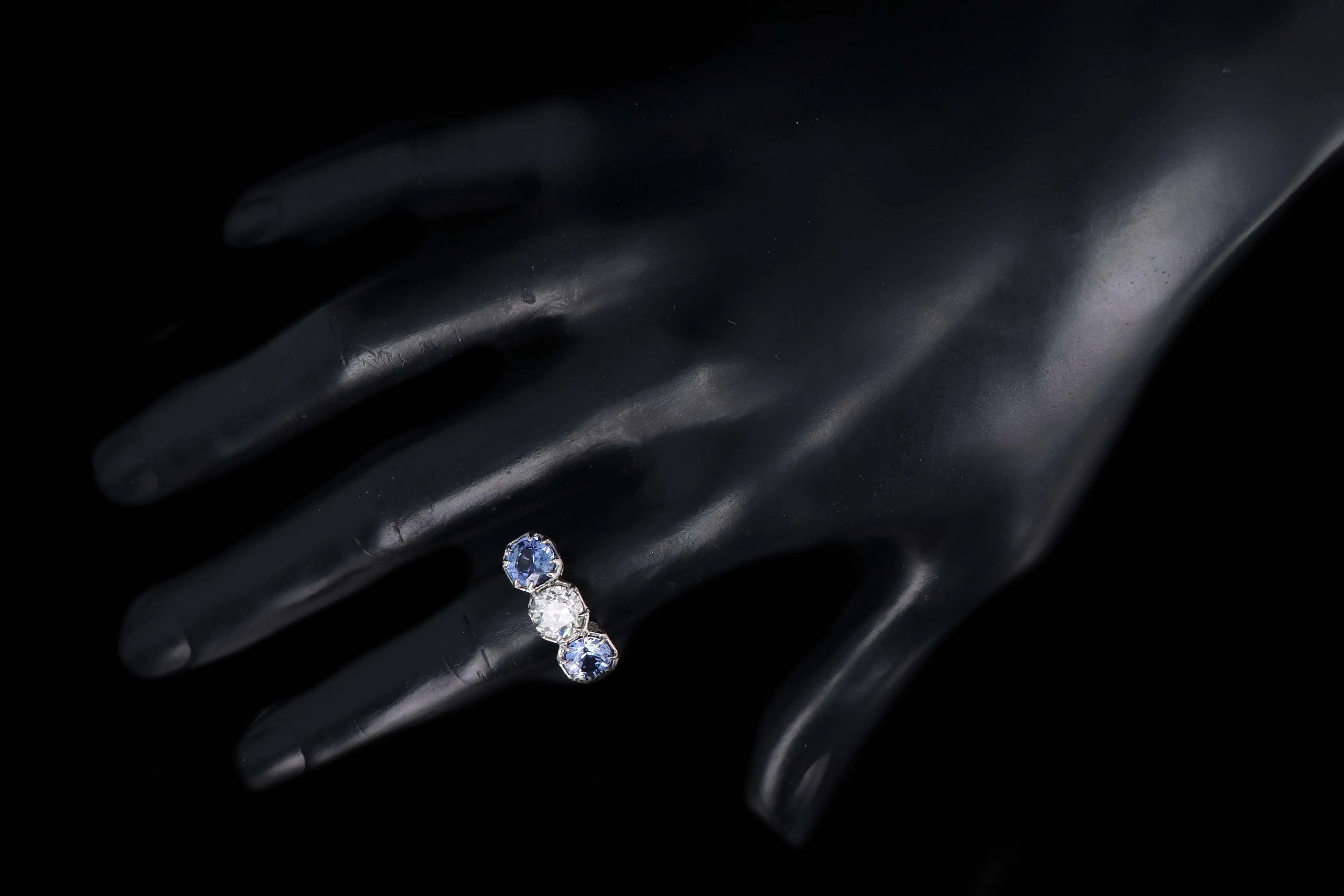 Art Deco Platinum Old European Cut Diamond & Sapphire Three Stone Ring GIA Certified