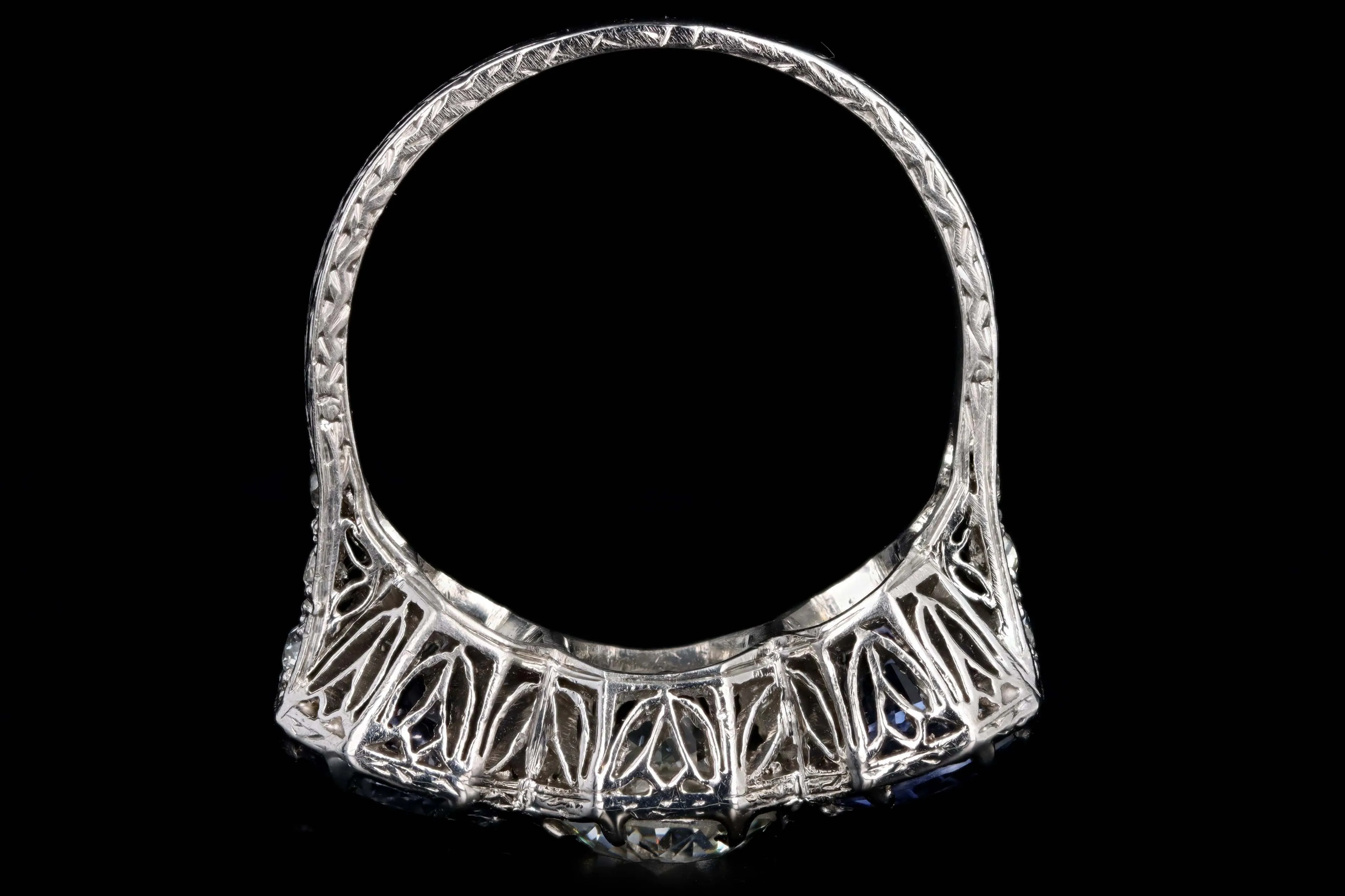 Art Deco Platinum Old European Cut Diamond & Sapphire Three Stone Ring GIA Certified