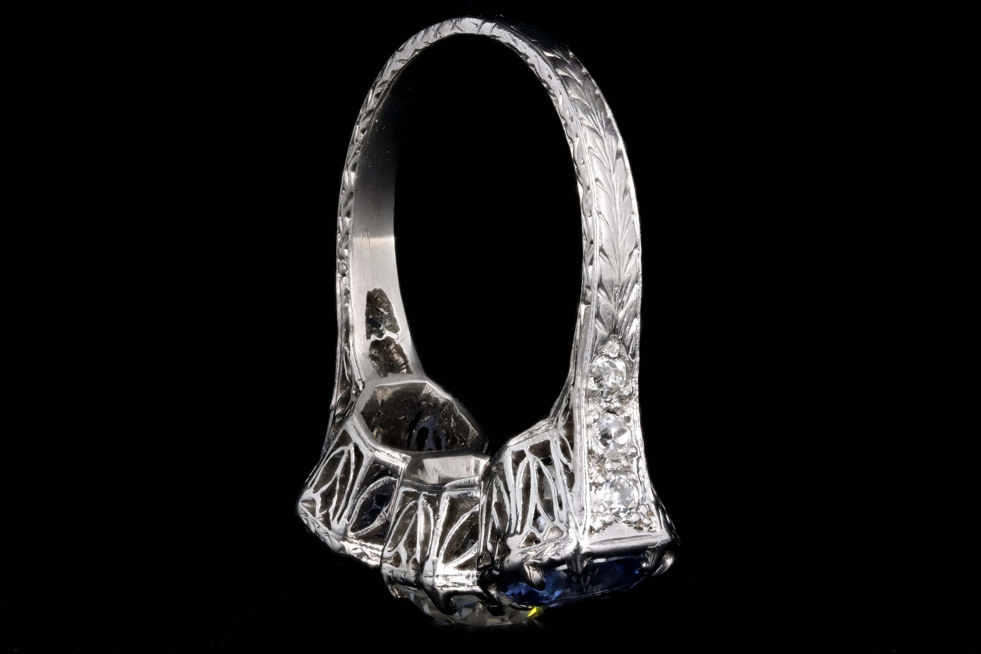 Art Deco Platinum Old European Cut Diamond & Sapphire Three Stone Ring GIA Certified