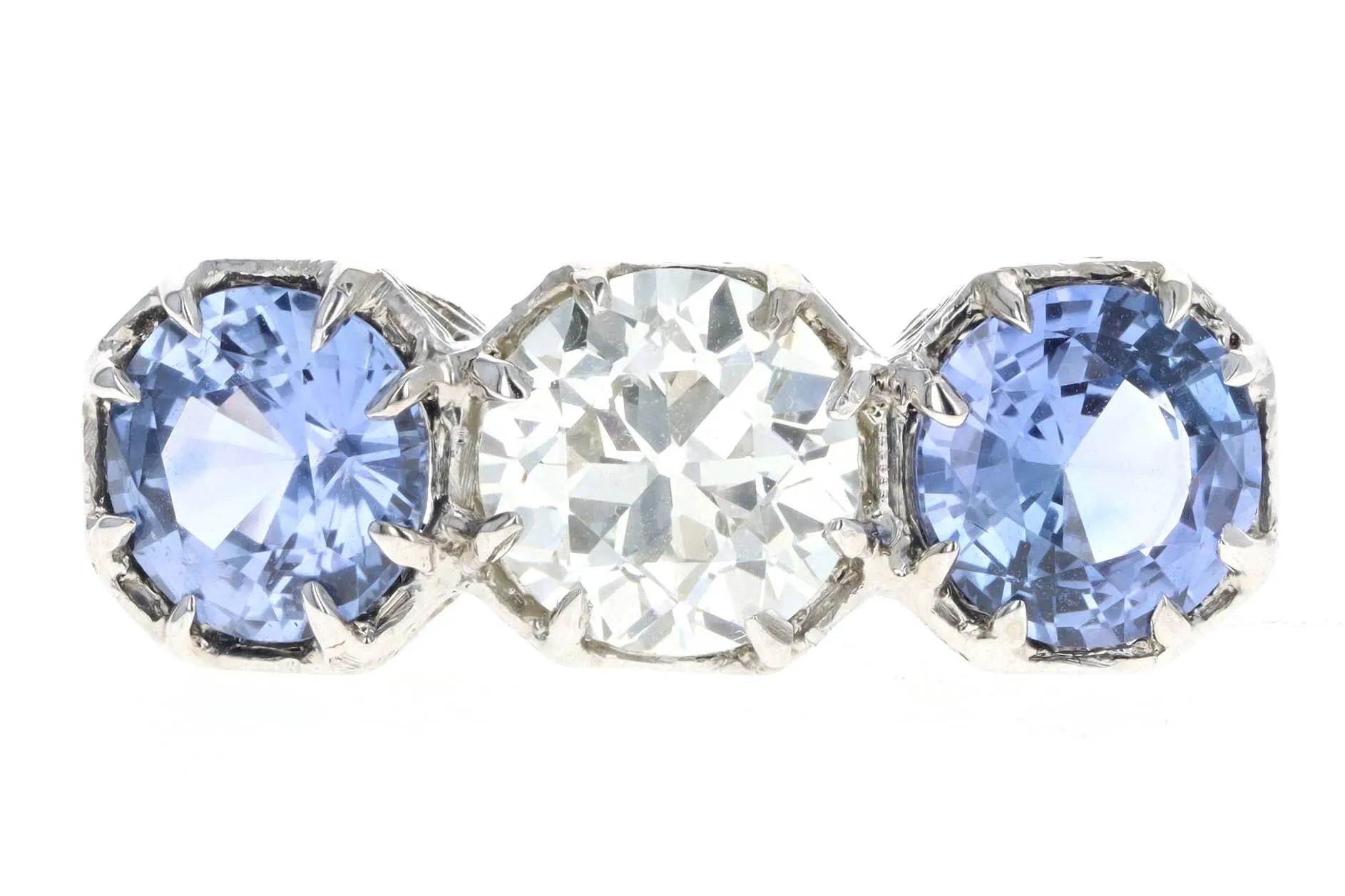 Art Deco Platinum Old European Cut Diamond & Sapphire Three Stone Ring GIA Certified
