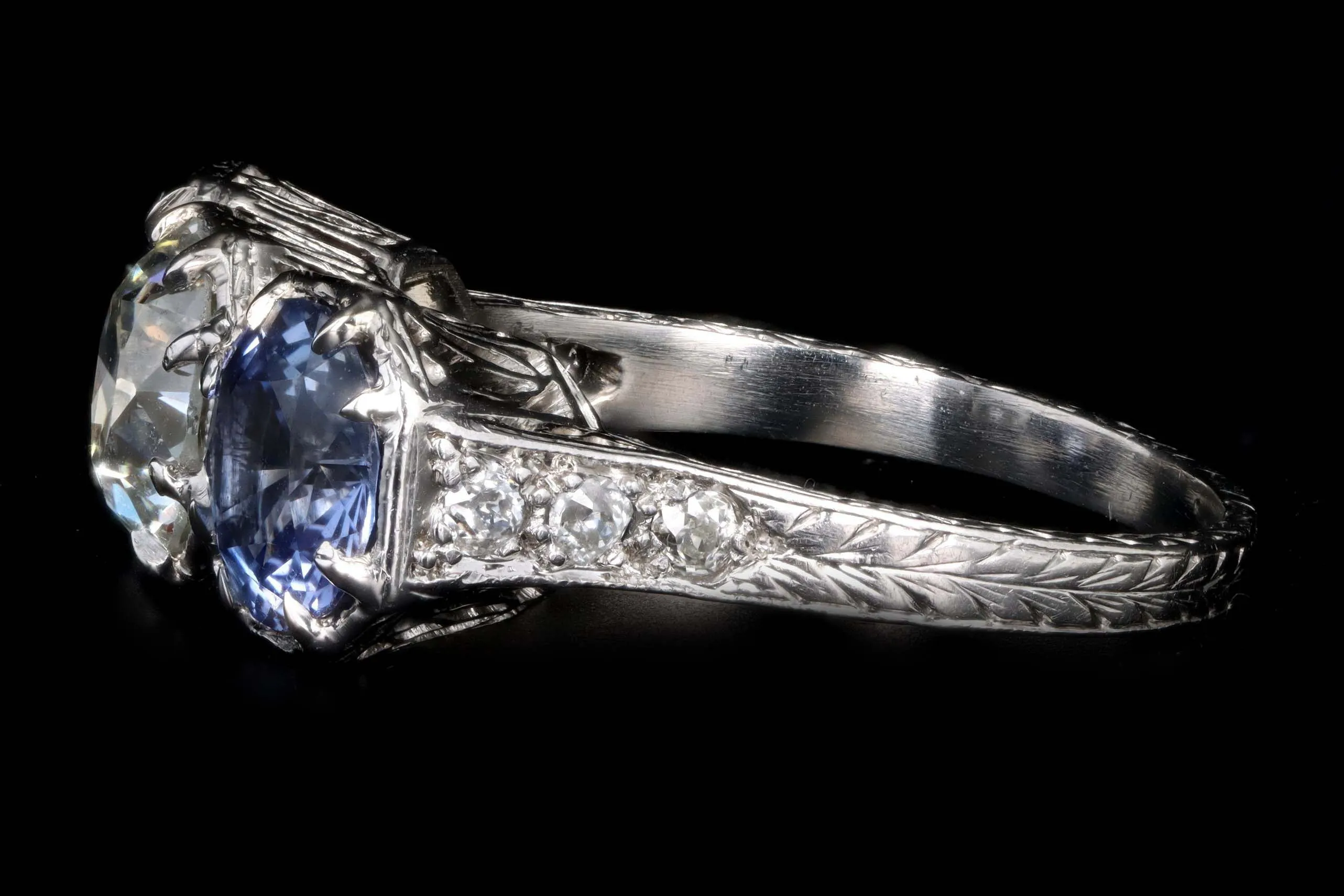 Art Deco Platinum Old European Cut Diamond & Sapphire Three Stone Ring GIA Certified