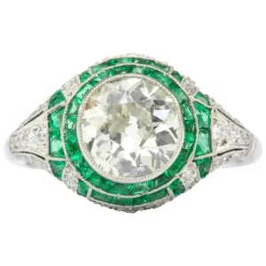 Art Deco Revival Platinum 1.66 CT Diamond and Emerald Ring size 5.5