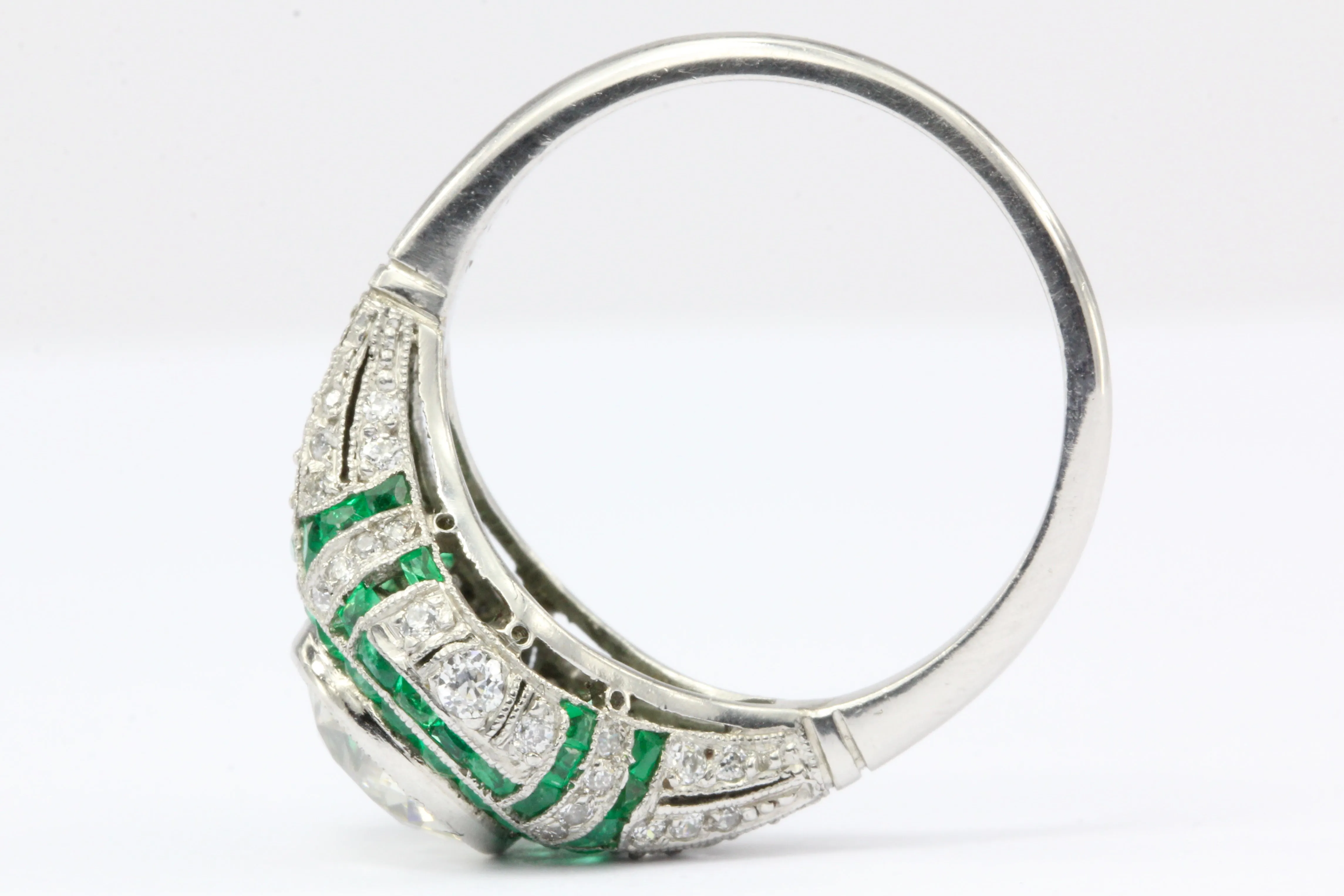Art Deco Revival Platinum 1.66 CT Diamond and Emerald Ring size 5.5