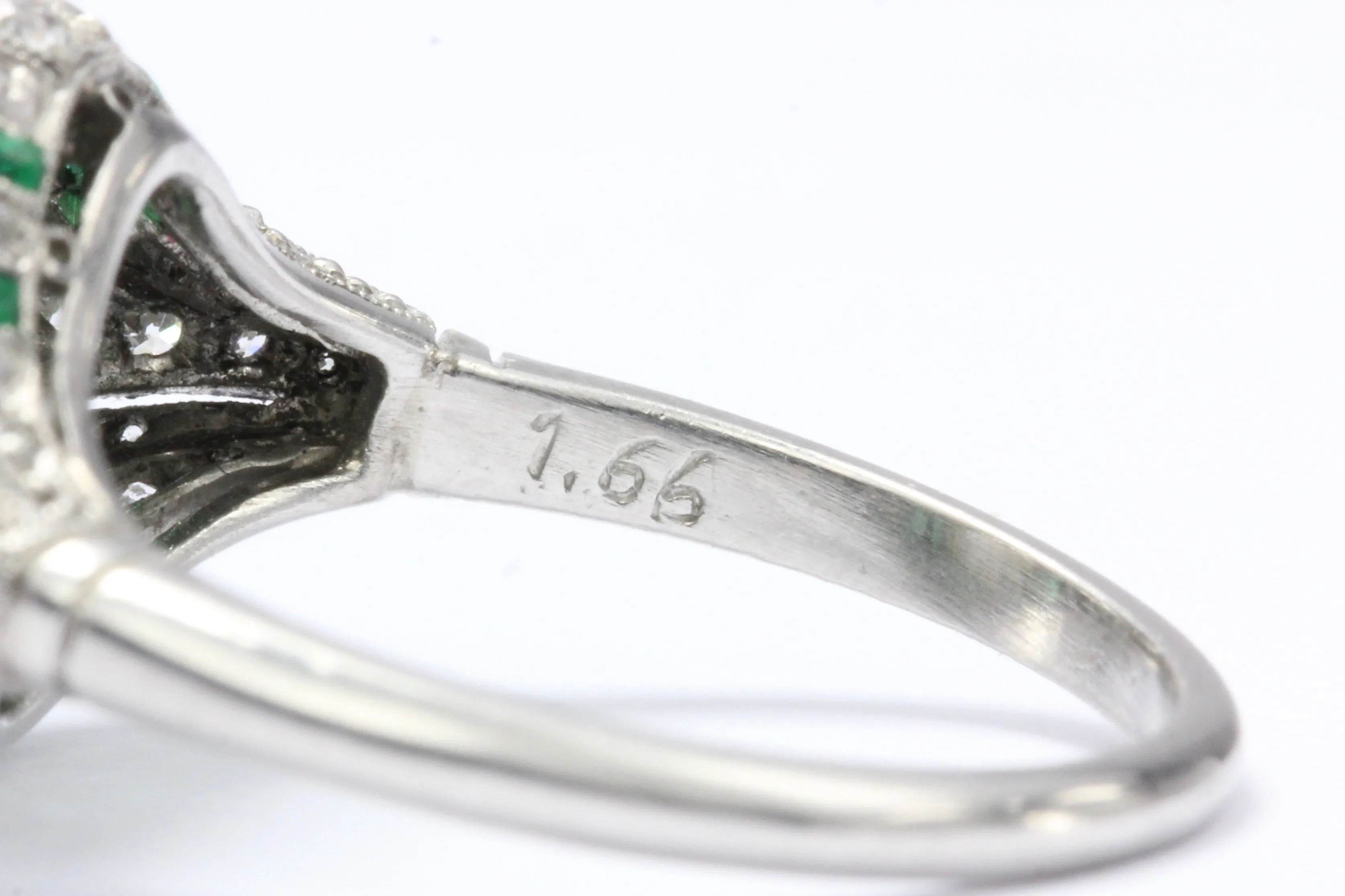Art Deco Revival Platinum 1.66 CT Diamond and Emerald Ring size 5.5