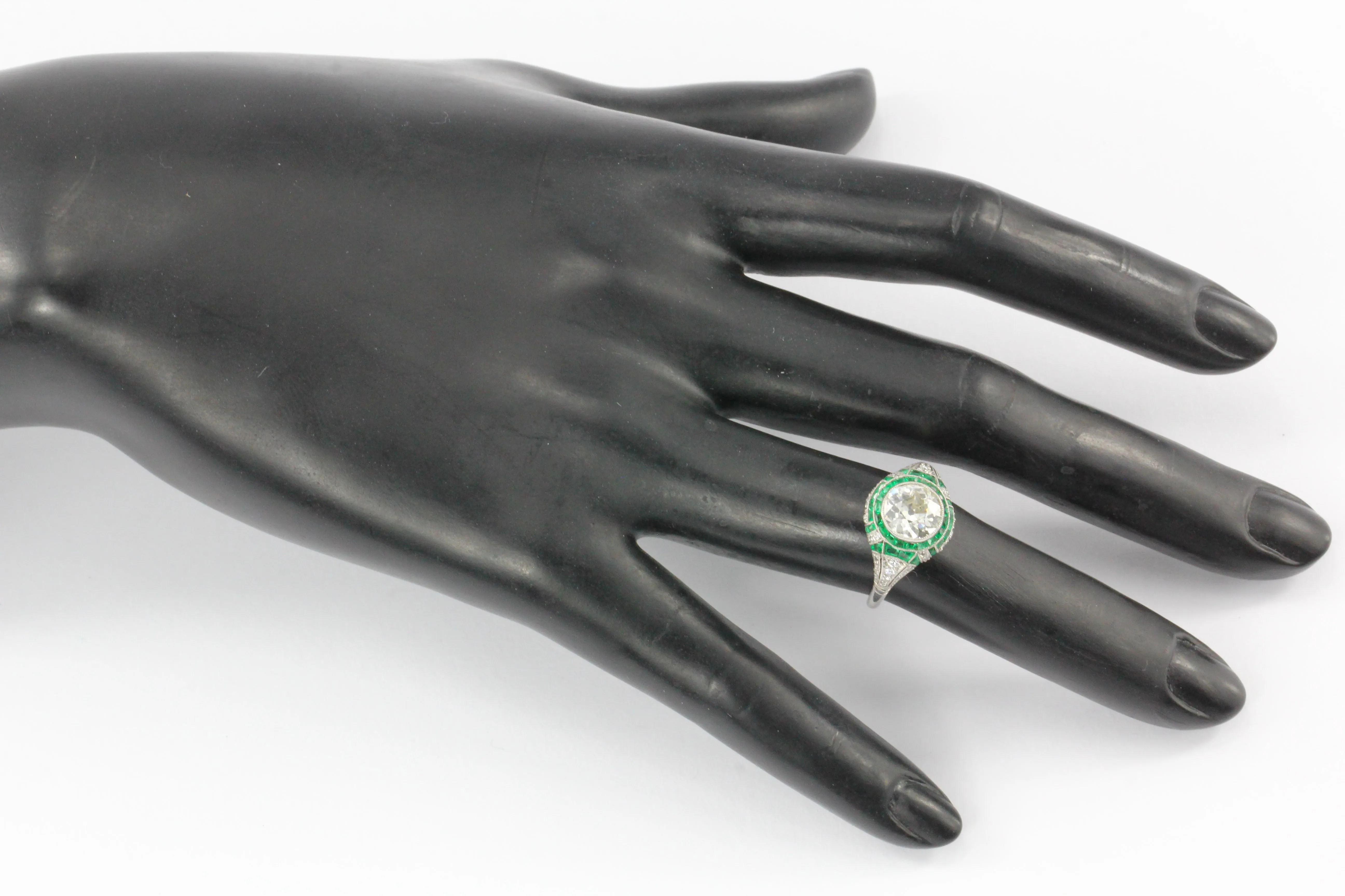 Art Deco Revival Platinum 1.66 CT Diamond and Emerald Ring size 5.5