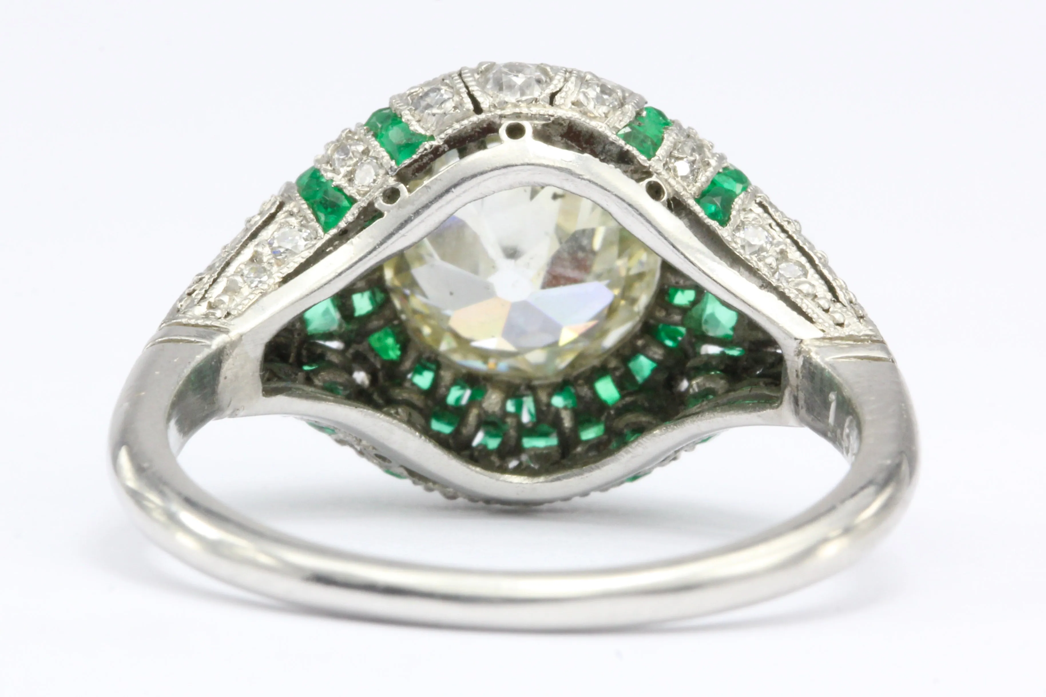 Art Deco Revival Platinum 1.66 CT Diamond and Emerald Ring size 5.5