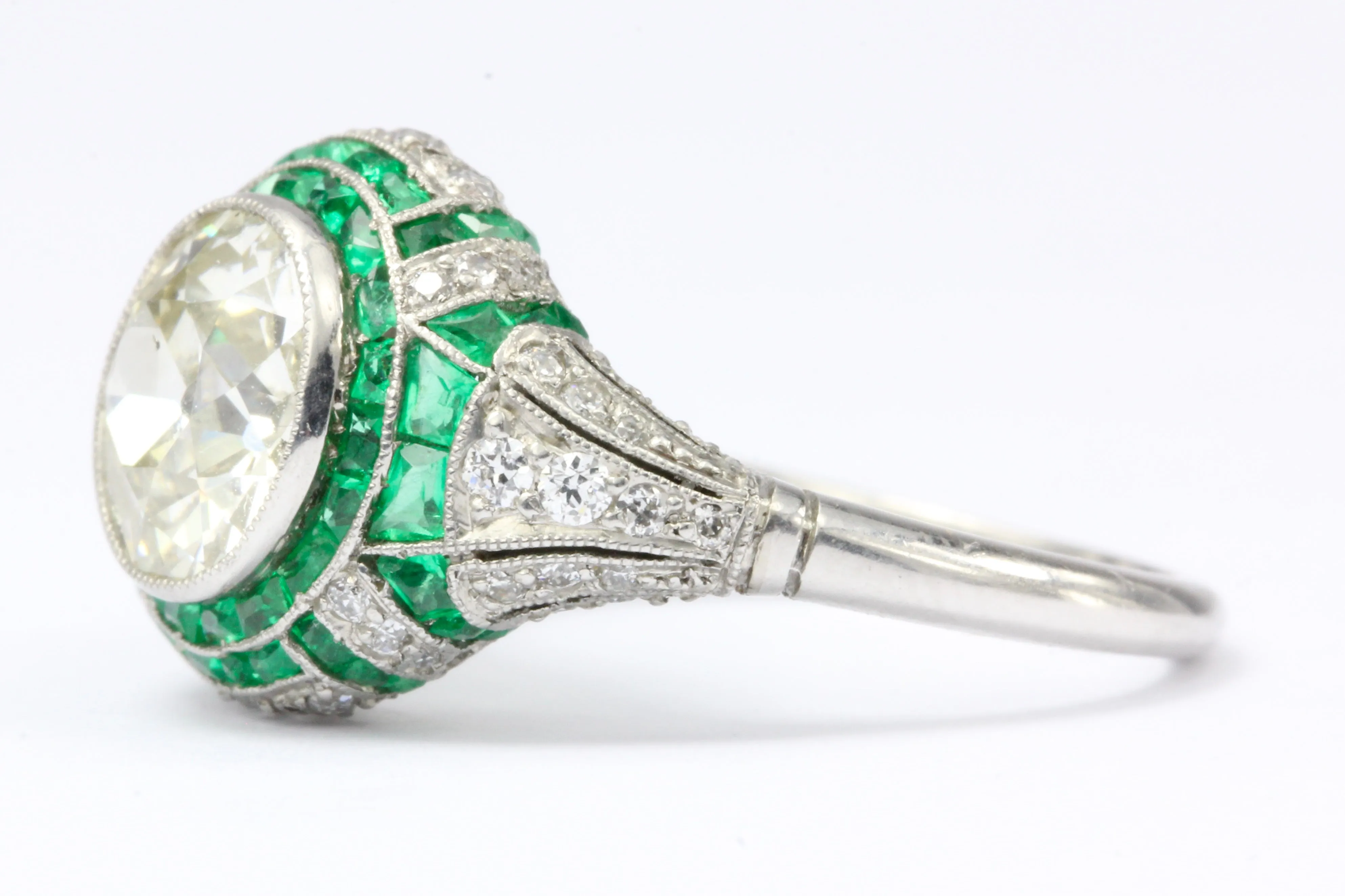 Art Deco Revival Platinum 1.66 CT Diamond and Emerald Ring size 5.5