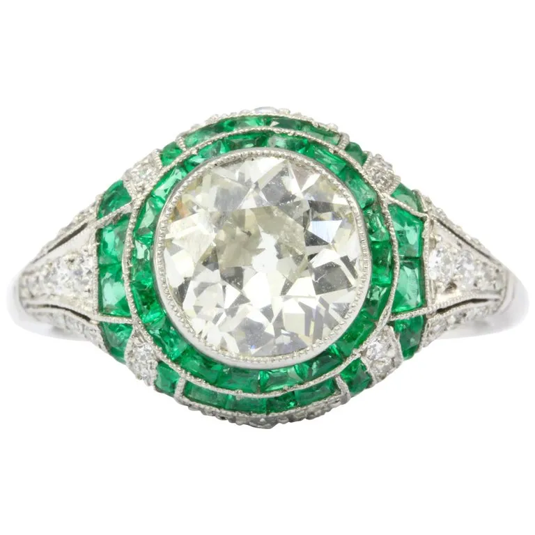 Art Deco Revival Platinum 1.66 CT Diamond and Emerald Ring size 5.5