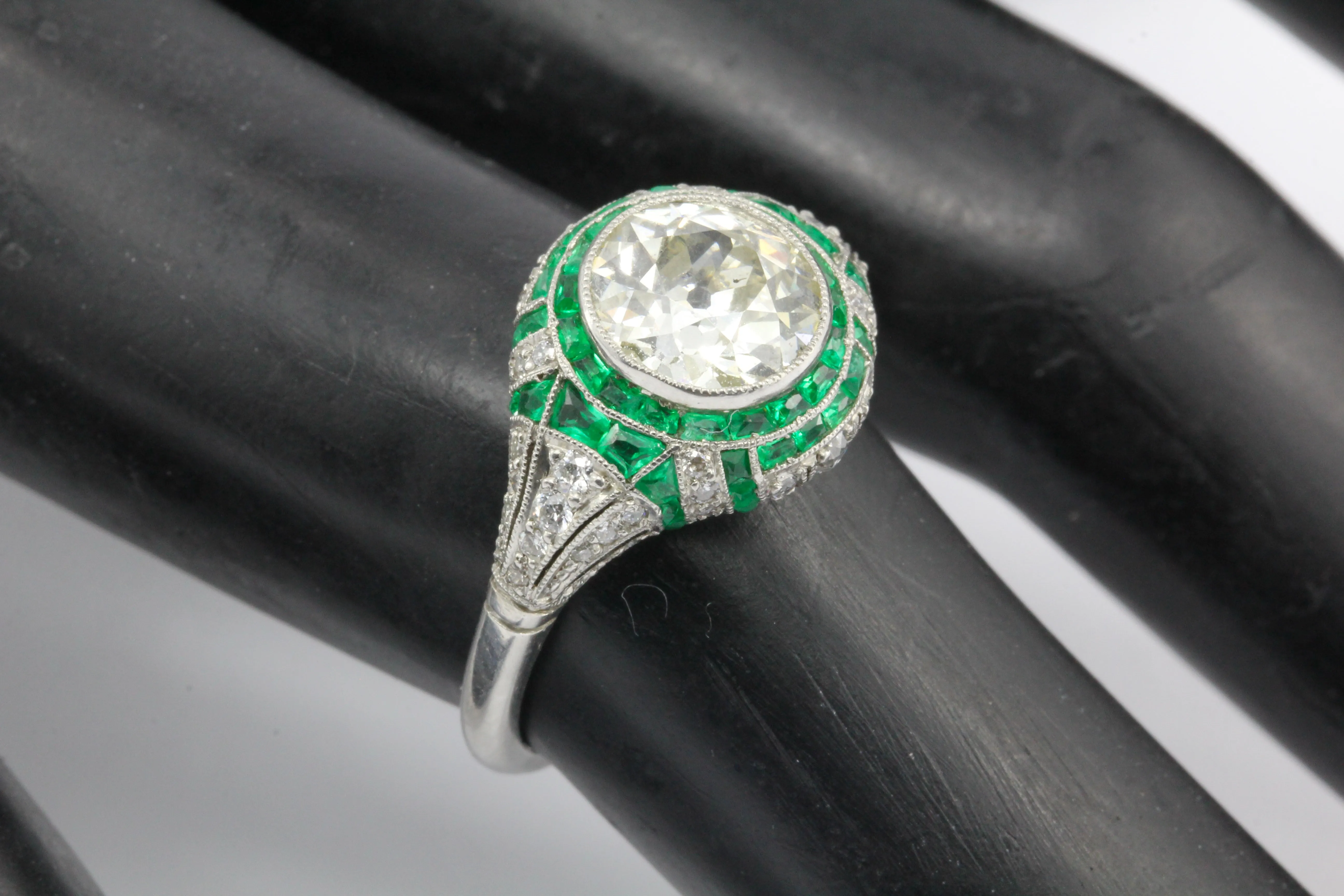 Art Deco Revival Platinum 1.66 CT Diamond and Emerald Ring size 5.5