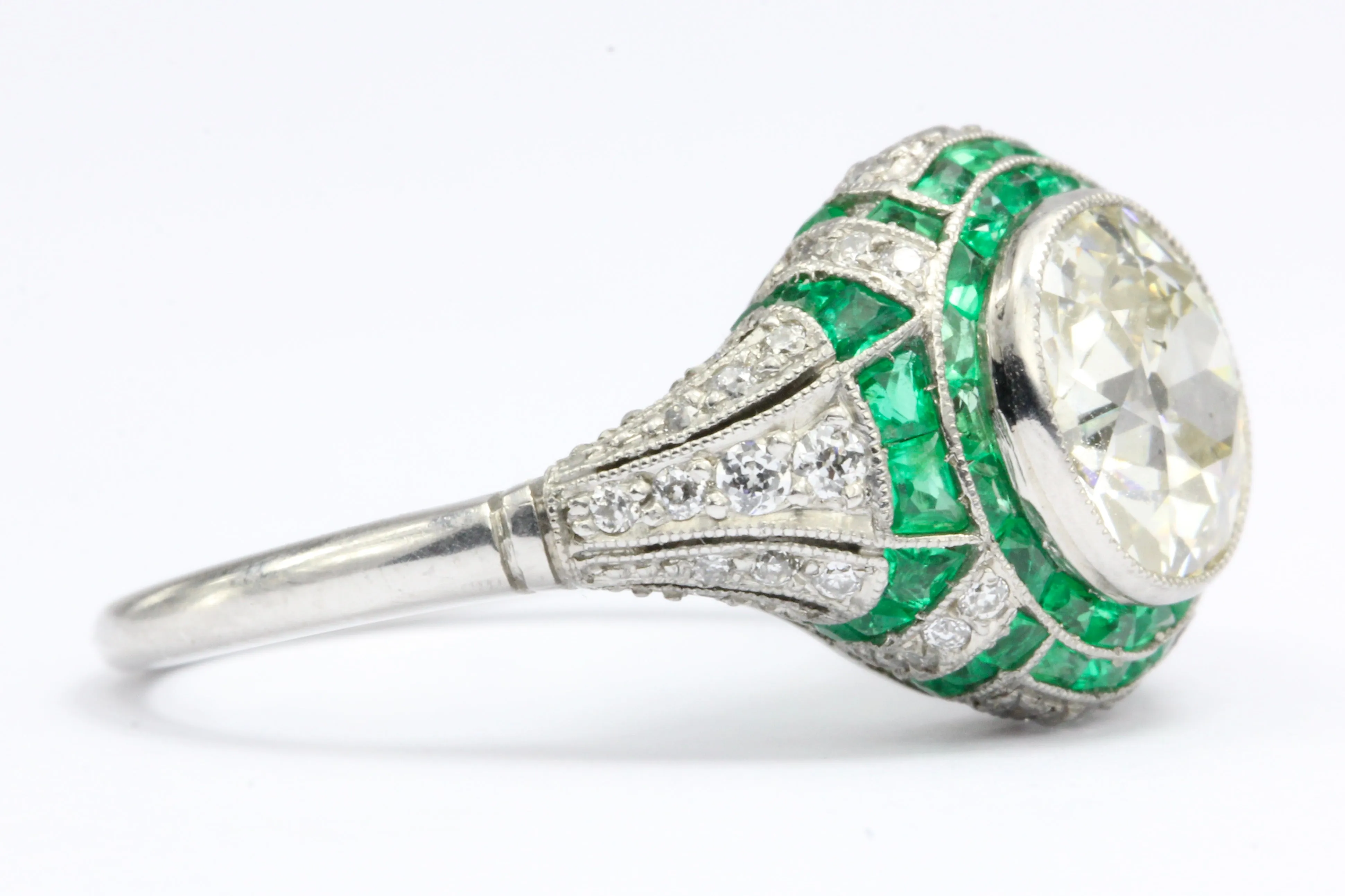 Art Deco Revival Platinum 1.66 CT Diamond and Emerald Ring size 5.5