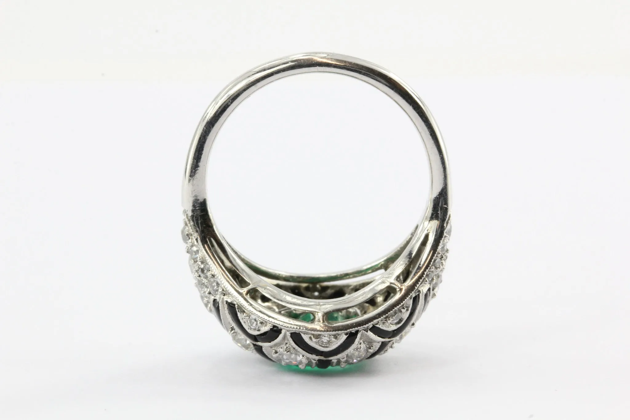 Art Deco Revival Platinum Emerald Diamond Black Enamel Ring