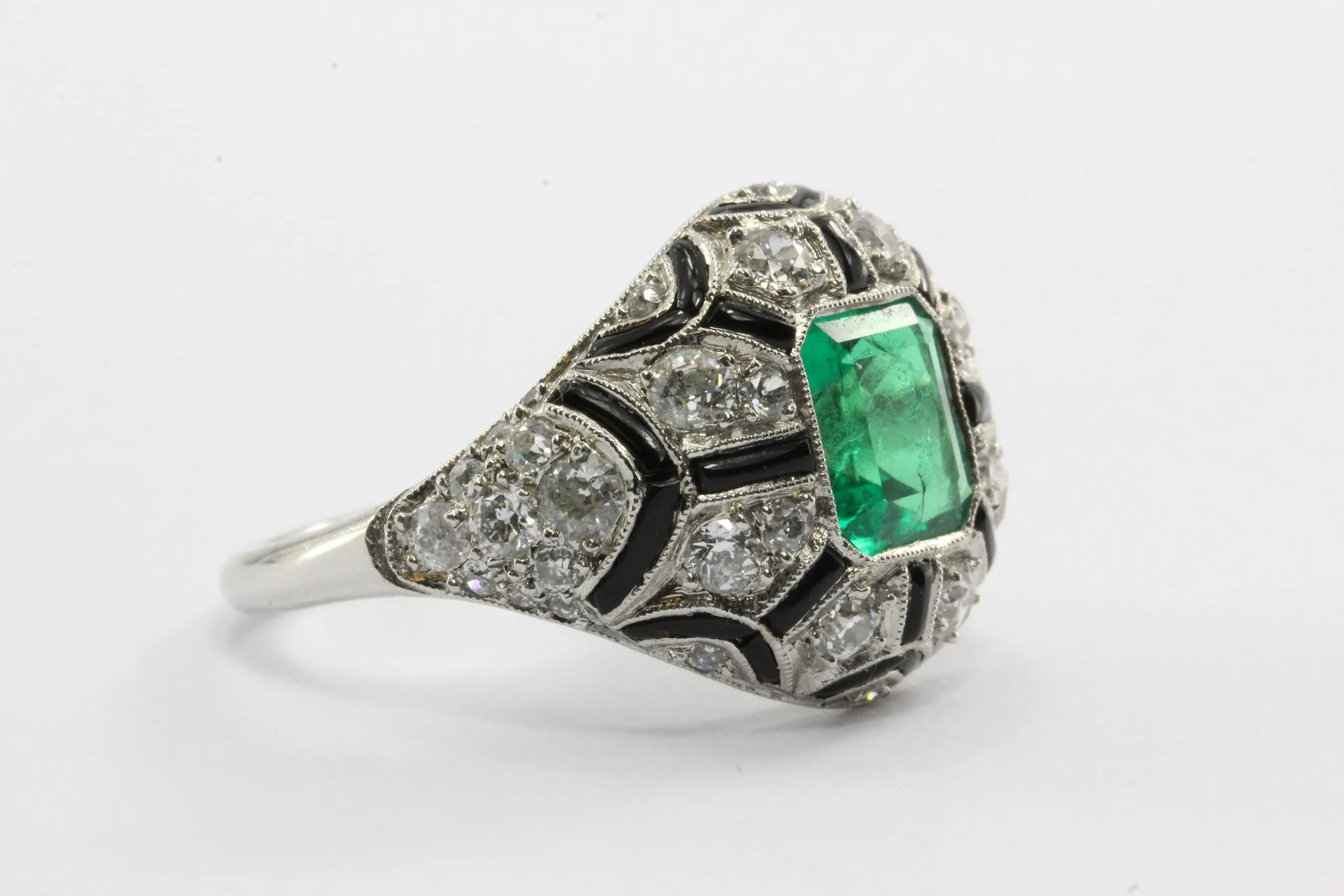 Art Deco Revival Platinum Emerald Diamond Black Enamel Ring